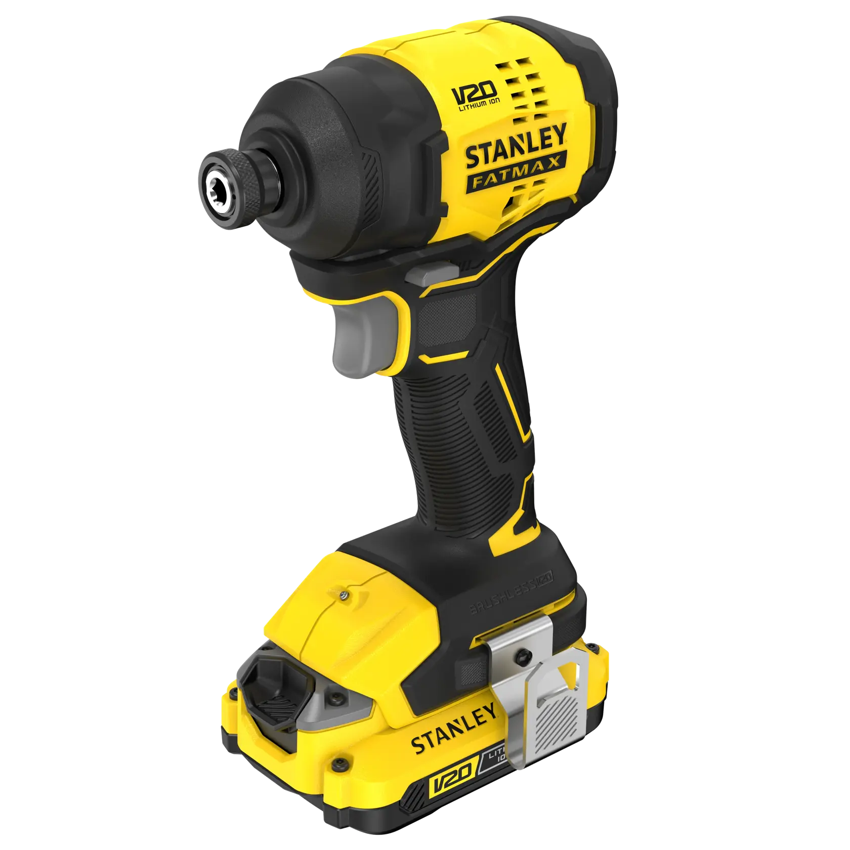 Photo of STANLEY SFMCF811D1T cordless impact driver, V20 Lithium Ion, yellow and black, front angle view.