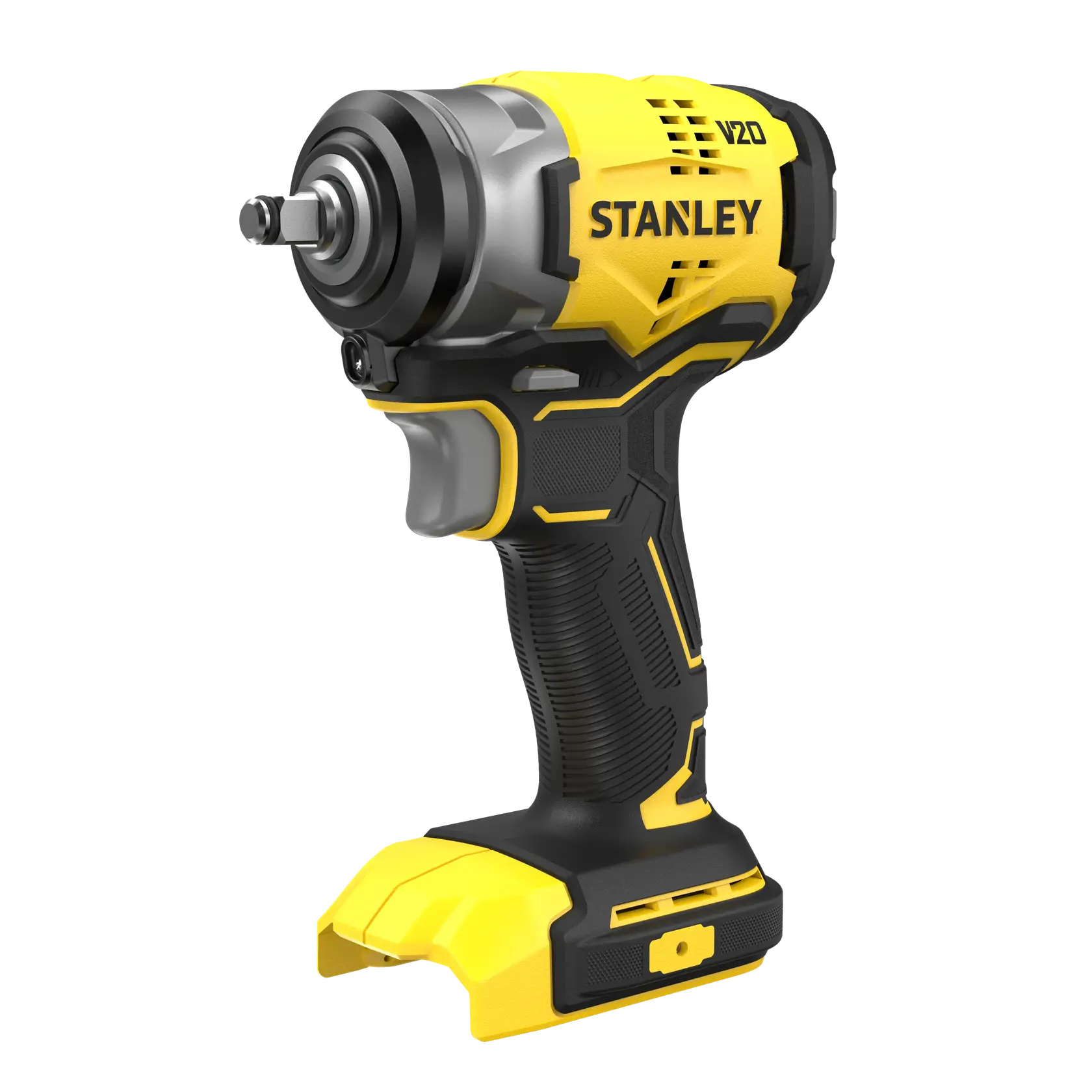 Photo of STANLEY SFMCF910B cordless impact wrench, black and yellow, angled view on white background.