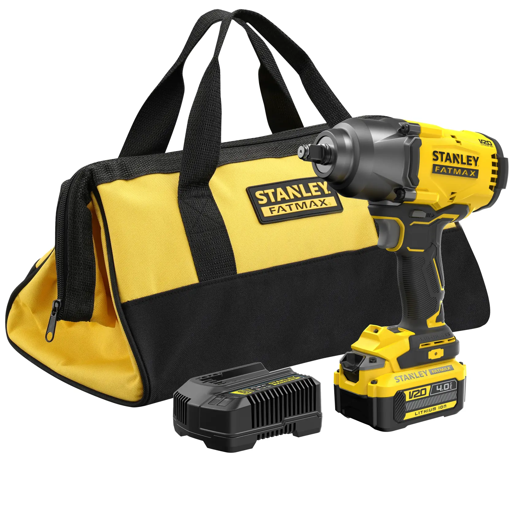 A STANLEY FATMAX V20 cordless impact wrench kit, including a yellow and black impact wrench, a matching battery charger, a rechargeable battery, and a yellow and black soft tool bag with handles.