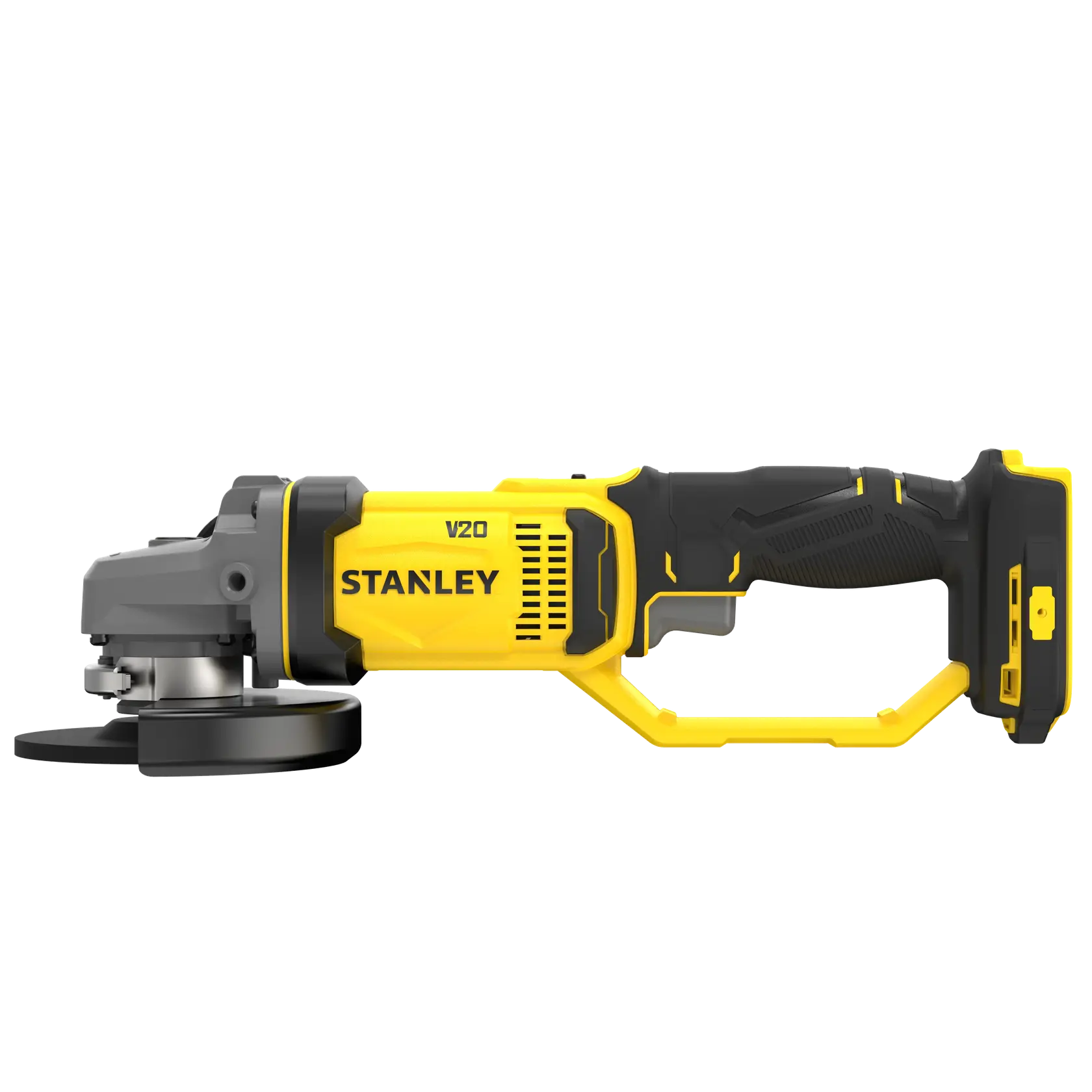 STANLEY SFMCG400B cordless angle grinder, yellow and black, side view on white background.
