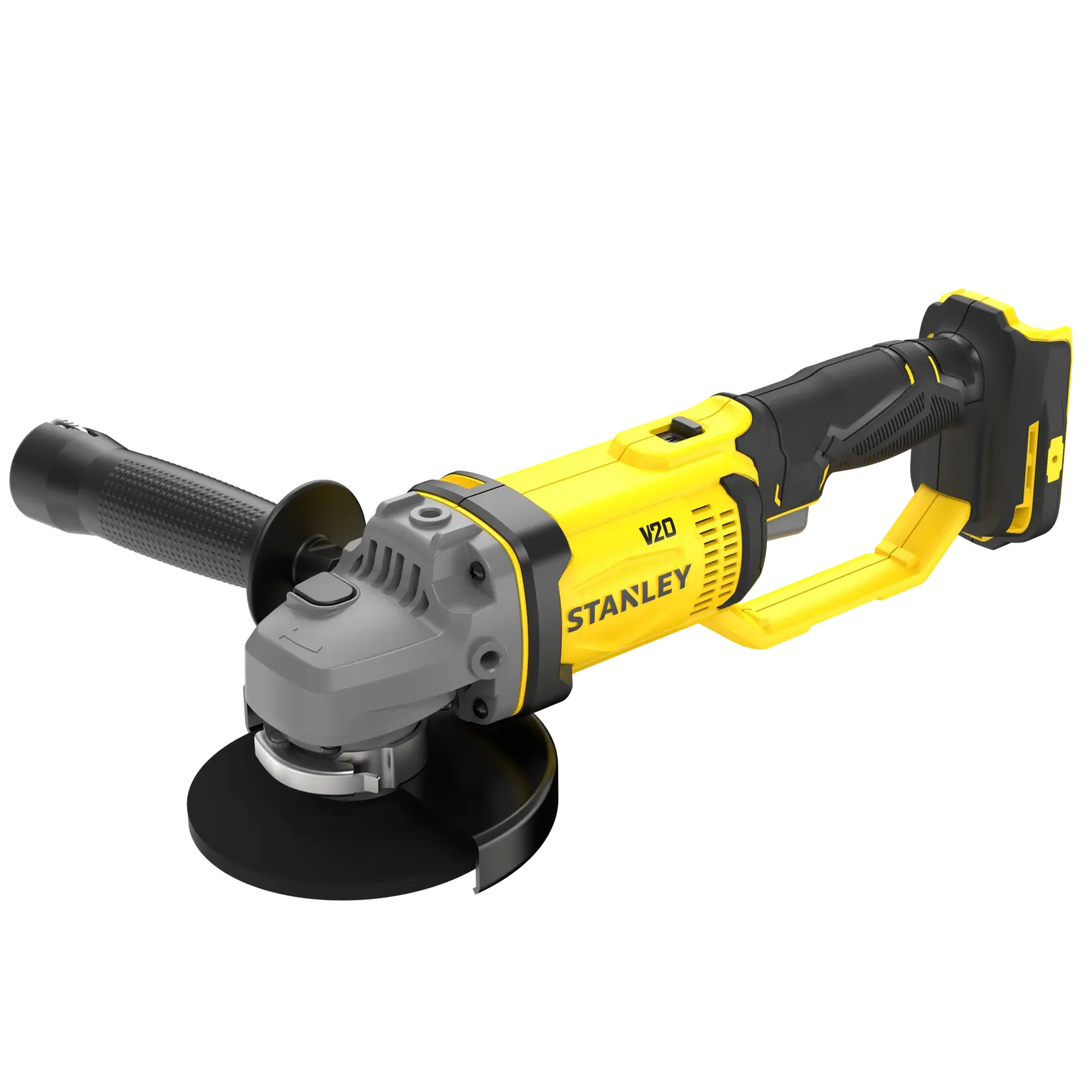 Photo of STANLEY SFMCG400B cordless angle grinder, yellow and black, side view on white background.
