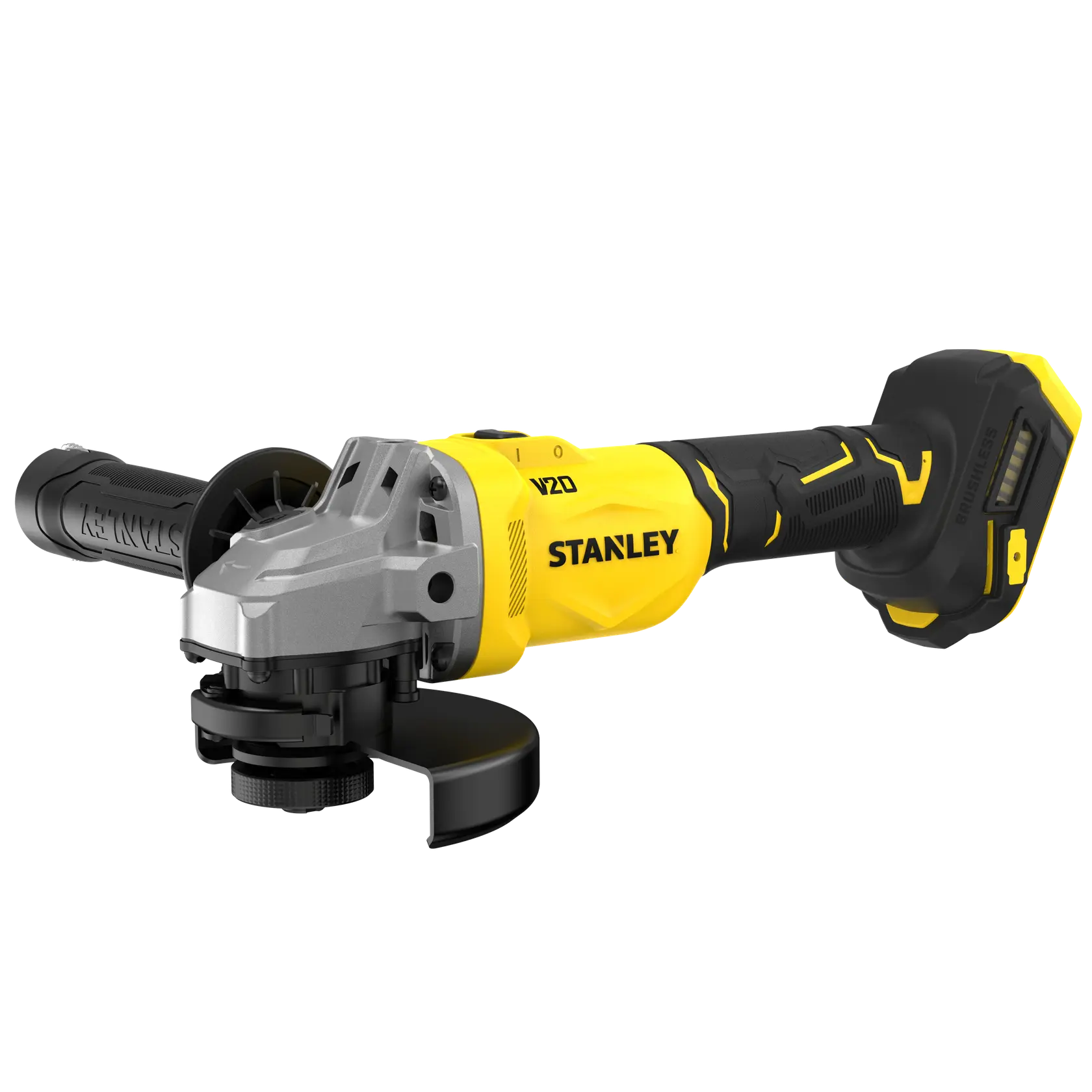 STANLEY SFMCG710B-XJ cordless angle grinder, yellow and black, front-left angle on white background.