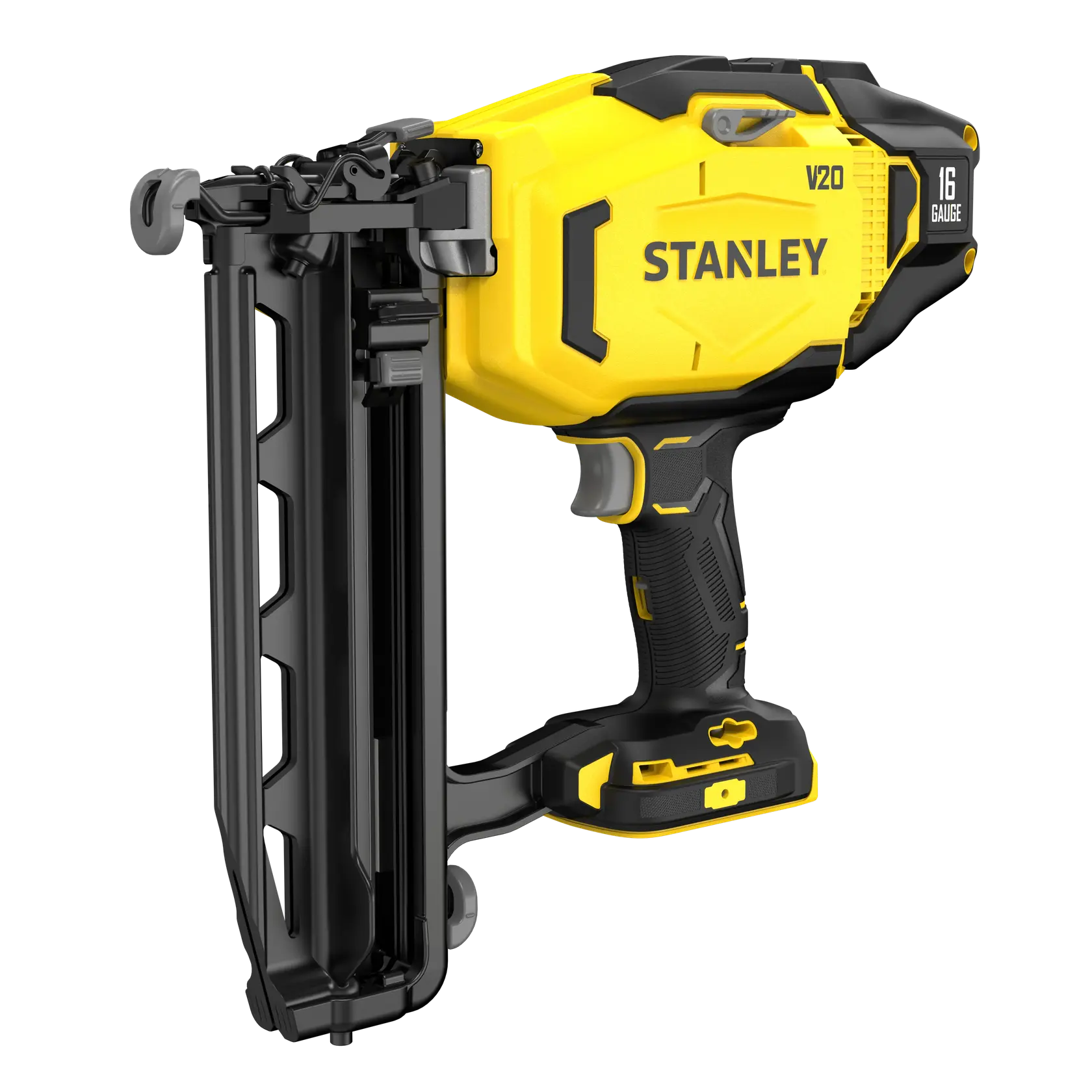 STANLEY SFMCN616B 16 gauge cordless nailer, yellow and black, side angle photo on white background.