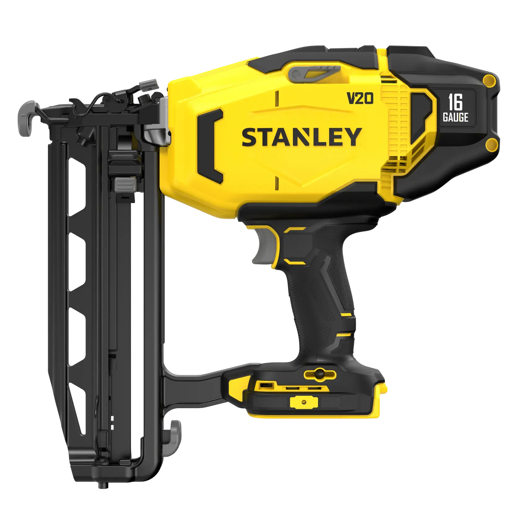Photo of STANLEY SFMCN616B cordless 16 gauge finish nailer, yellow and black, side angle view on white background.