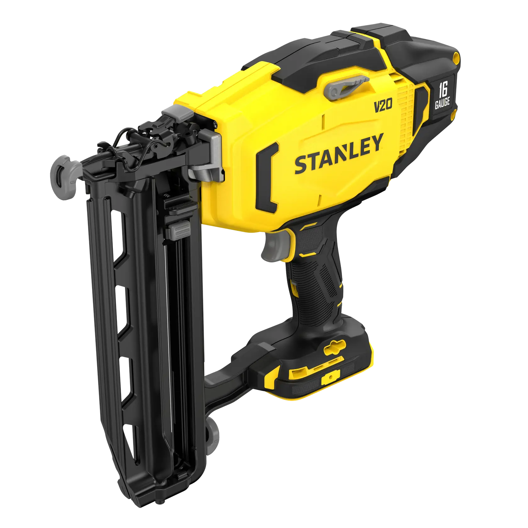 Stanley Fatmax V20 cordless nail gun with yellow and black body, shown from side view.