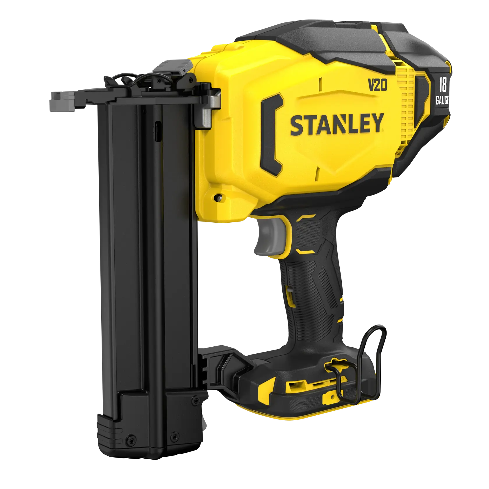 STANLEY SFMCN618B-XJ cordless 18 gauge nailer, side angle, yellow and black, FATMAX series.