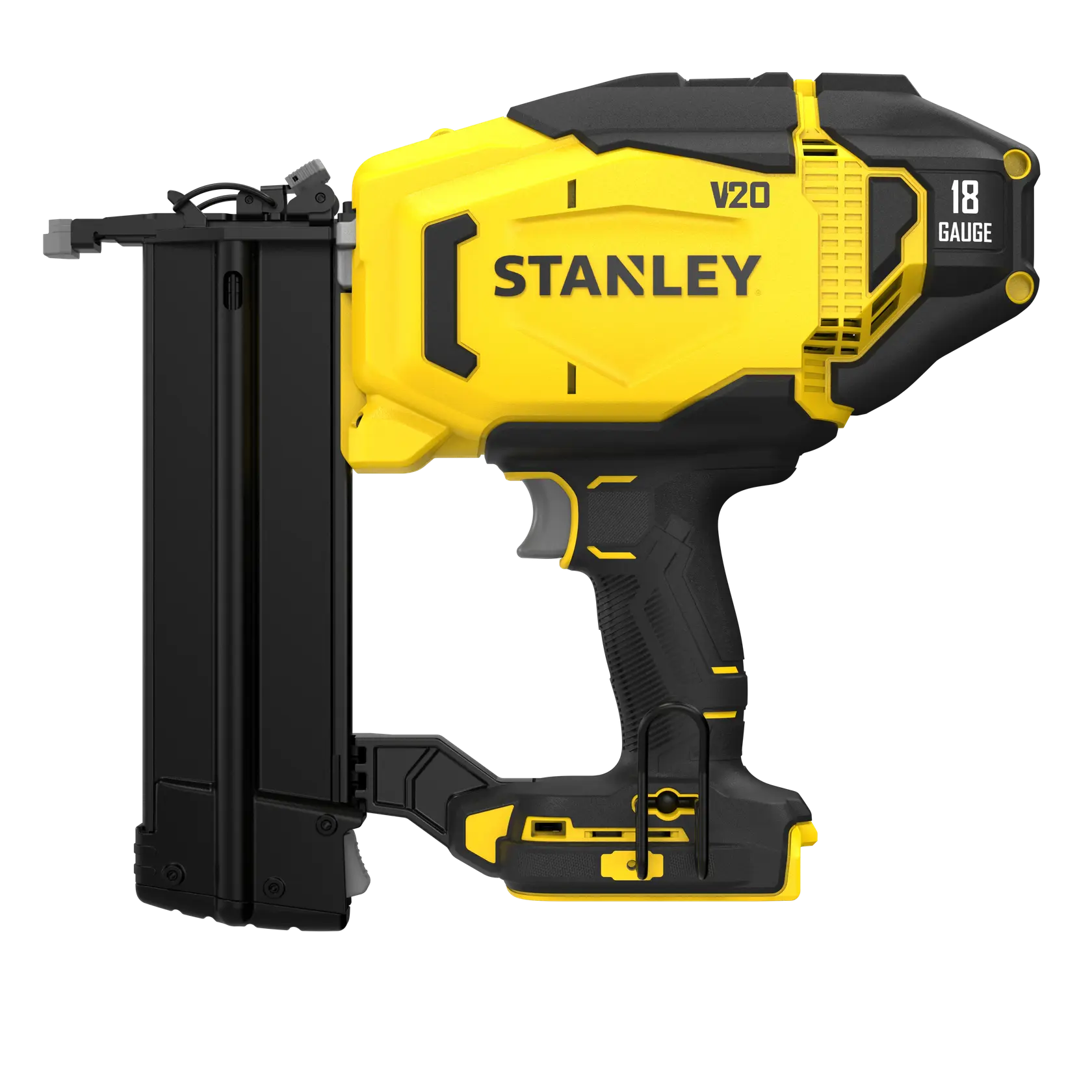 STANLEY SFMCN618B-XJ 18 gauge yellow and black cordless nailer, side angle, FATMAX series.
