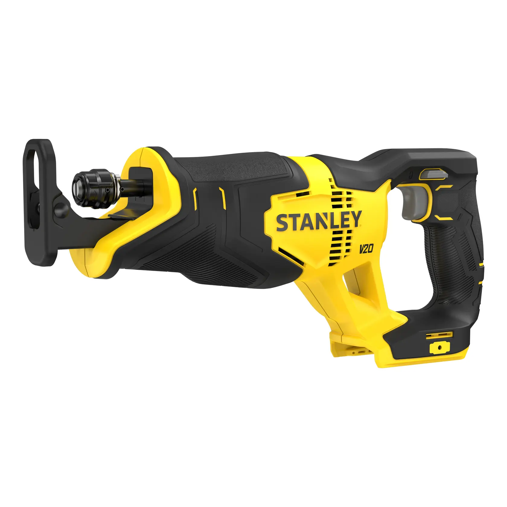 Photo of STANLEY SFMCS300B reciprocating saw, yellow and black, side view, cordless power tool.