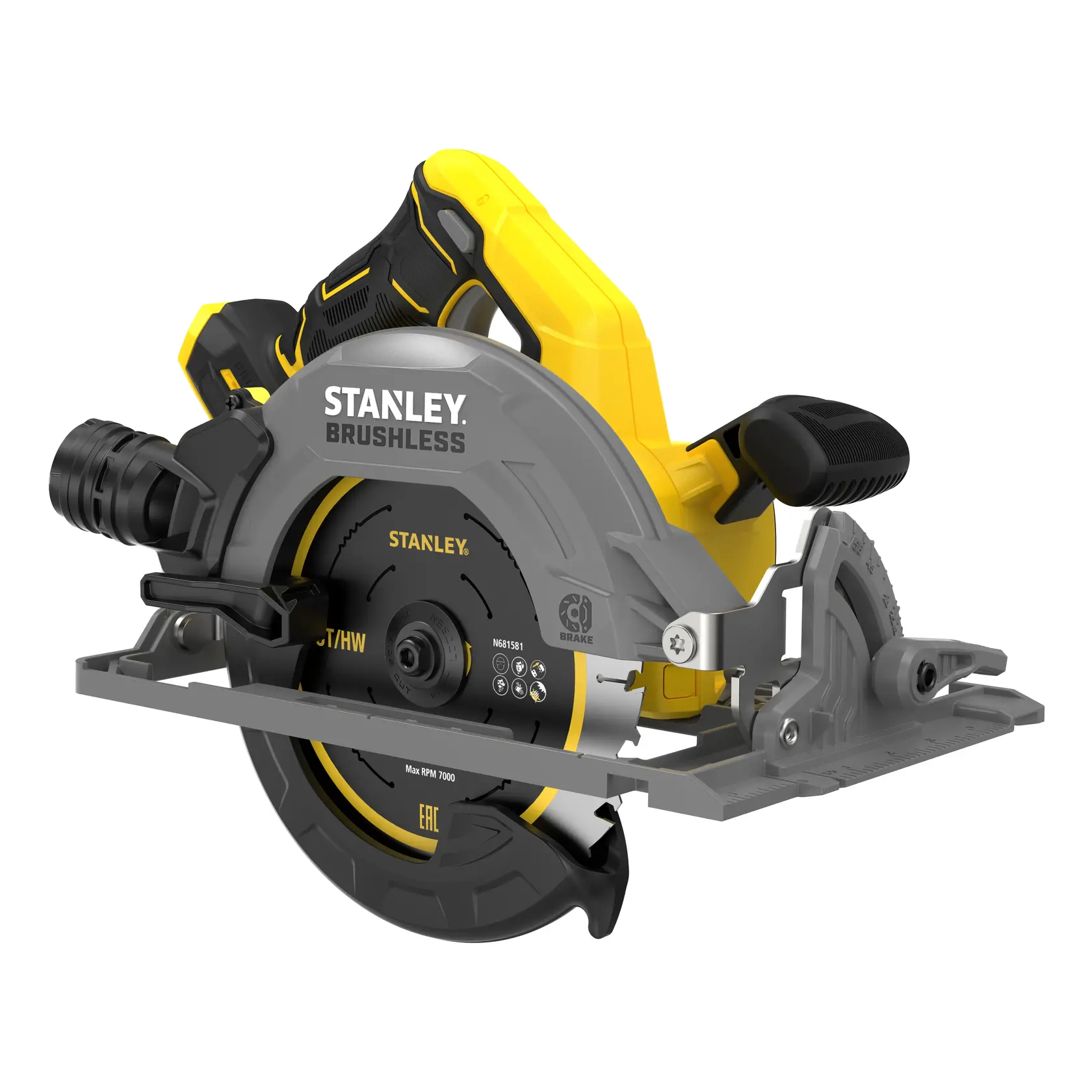 STANLEY SFMCS551B circular saw, brushless, gray and yellow, left-side angle on white background.