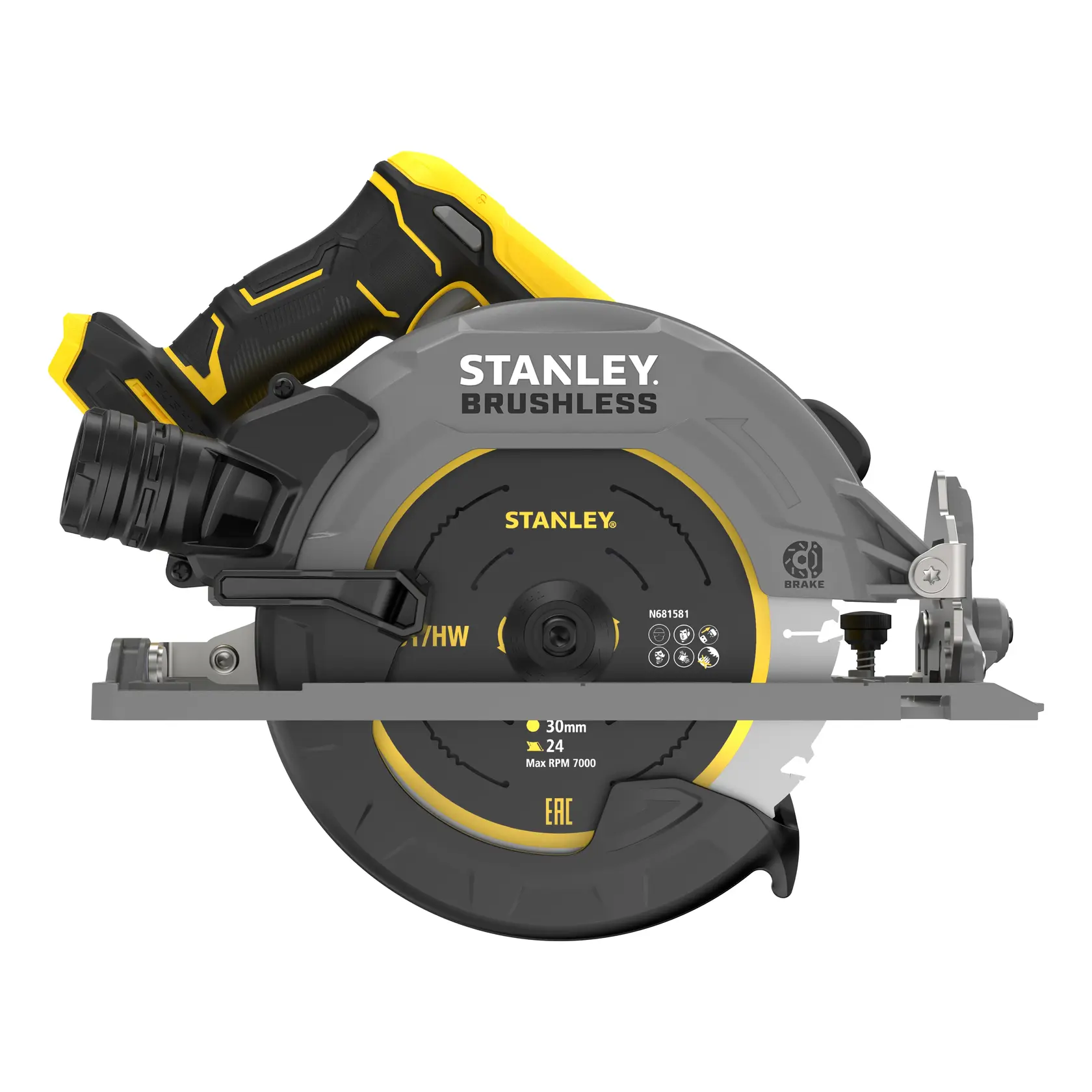Photo of STANLEY SFMCS551B cordless circular saw, side view, grey with yellow accents, showing blade and brushless motor.