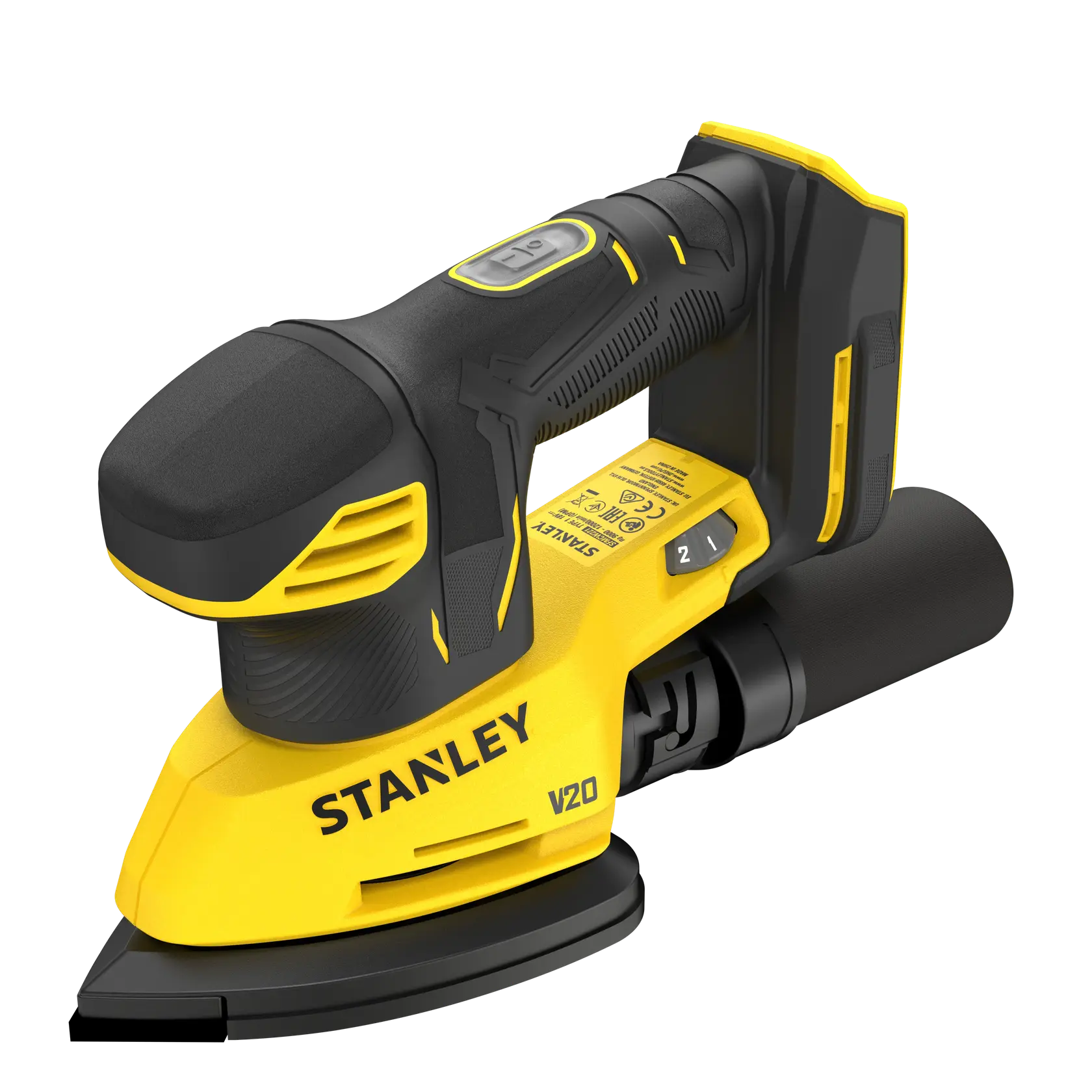 Photo of STANLEY SFMCW221B cordless sander, yellow and black, side angle view on white background.