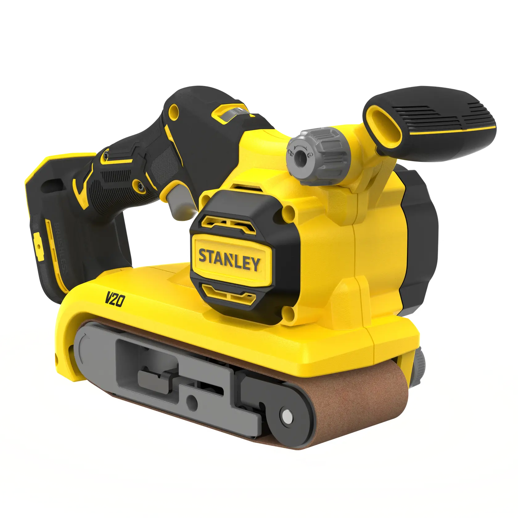 STANLEY SFMCW223B-XJ V20 cordless belt sander, yellow and black, angled view on white background.