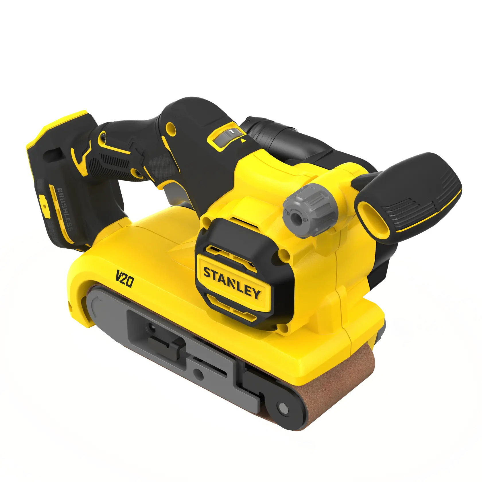 STANLEY SFMCW223B-XJ cordless belt sander, yellow and black, front angle on white background.