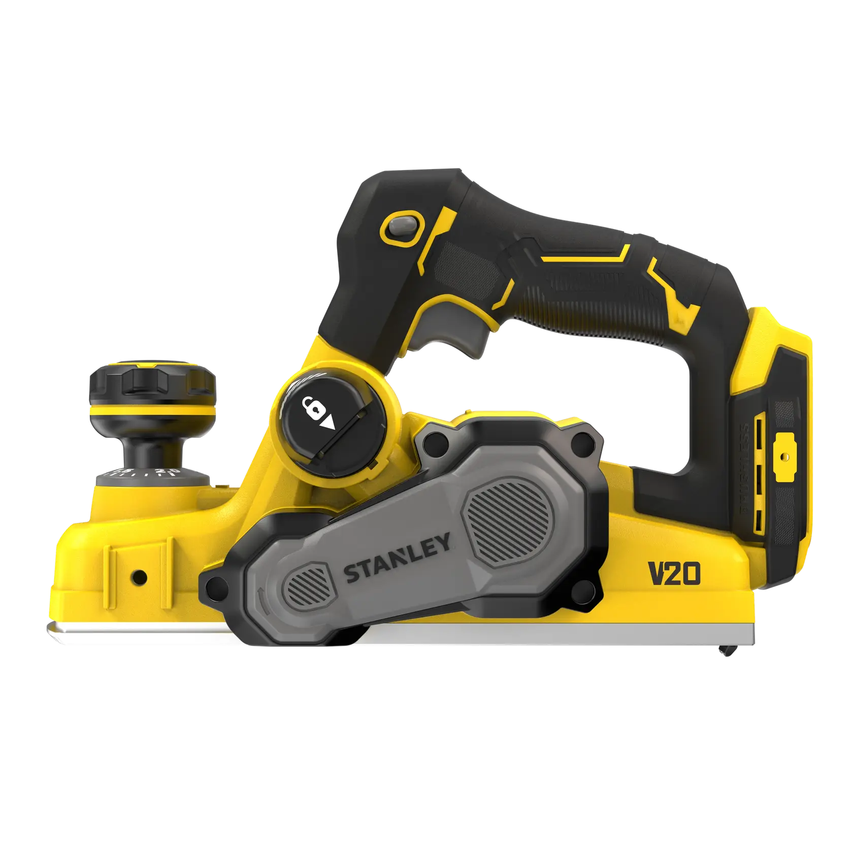 STANLEY SFMCW300B cordless planer, yellow and black, side angle, photography product image.