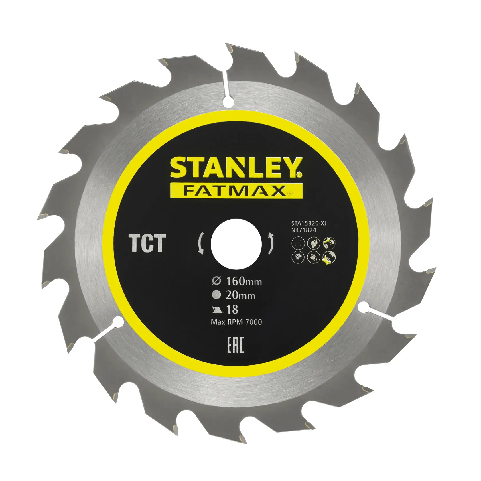 STANLEY STA15320 circular saw blade, silver with yellow and black label, photographed from the front on white background.