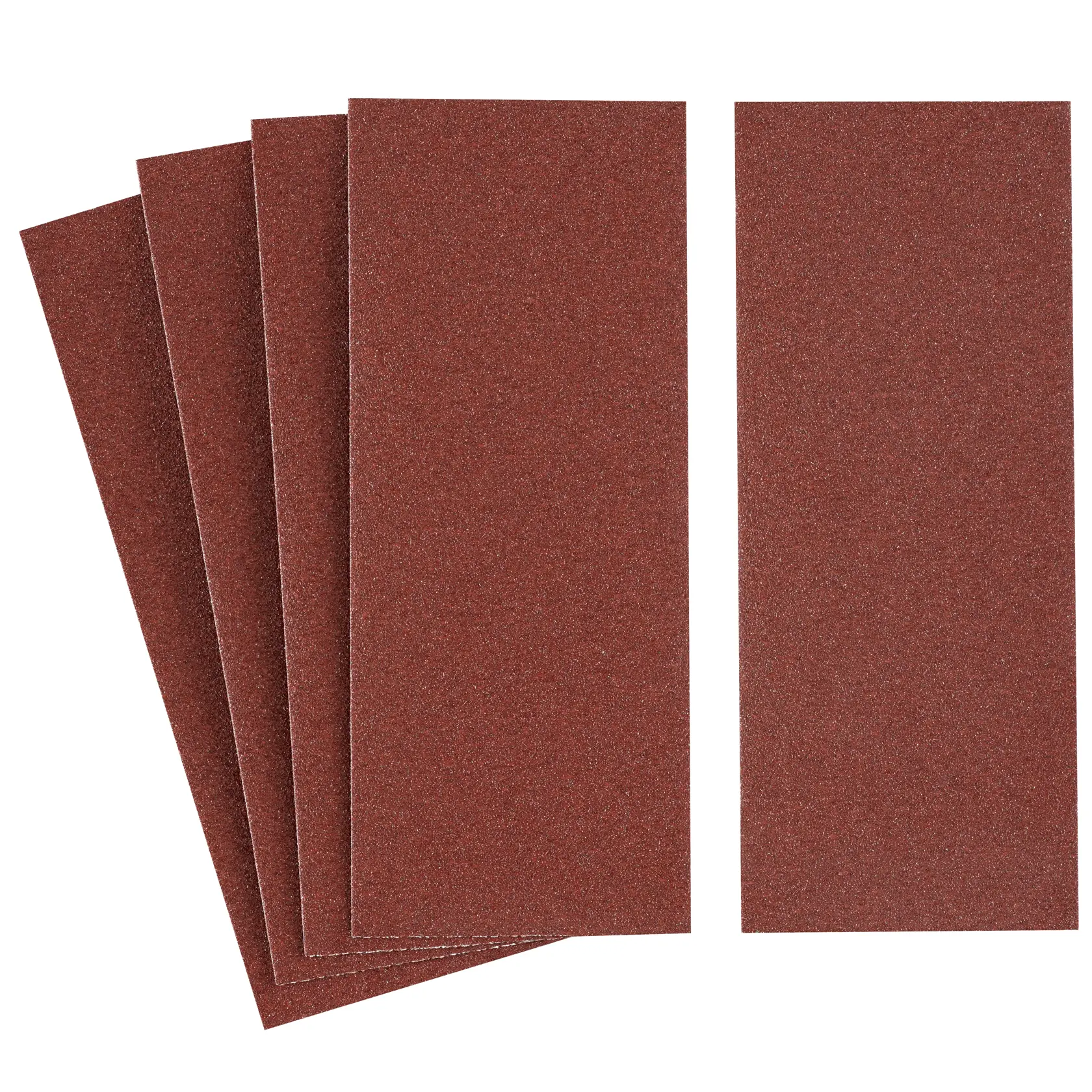 STANLEY STA31006 rectangular sandpaper sheets, brown, set of five, top view on white background.