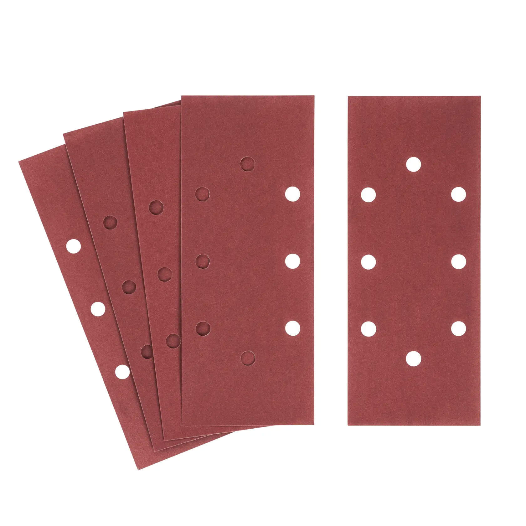 STANLEY STA31163 rectangular sanding sheets with holes, shown in fan and front view on white background.