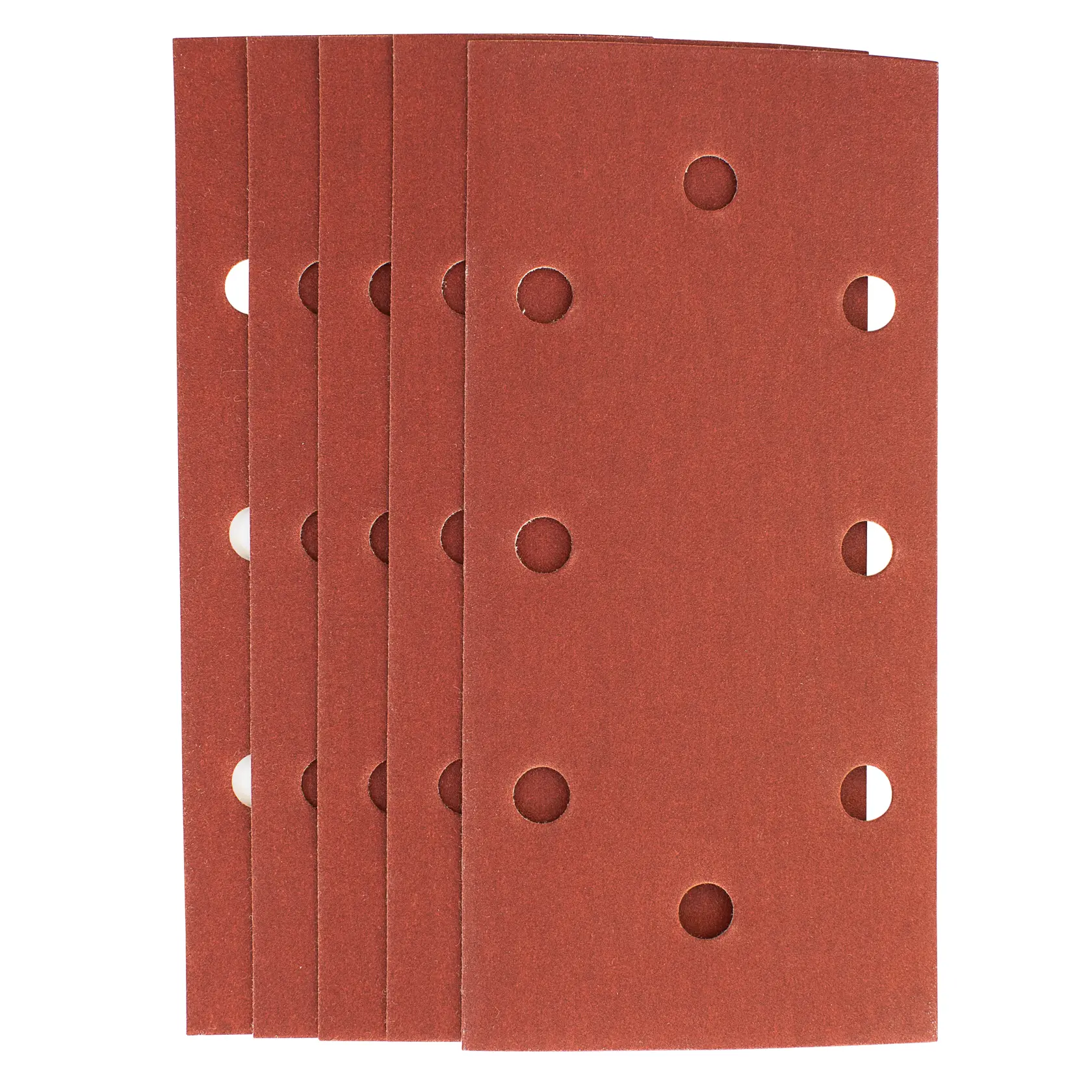 STANLEY STA31527 rectangular sanding sheets set with dust extraction holes, front angle, red abrasive surface.
