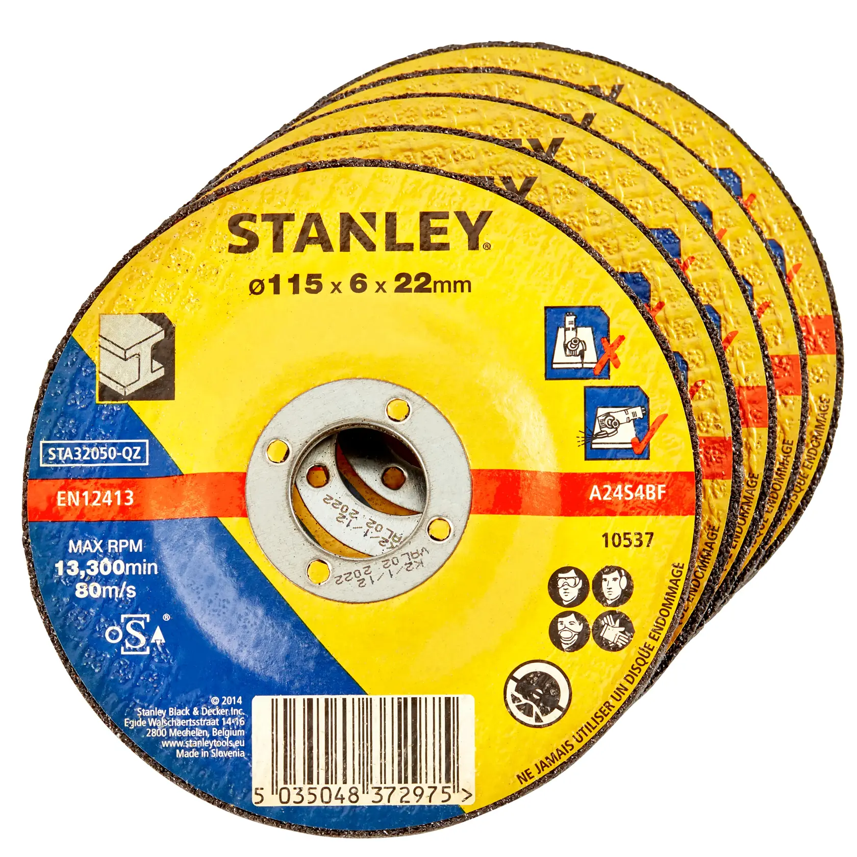 Photo of STANLEY STA32056 abrasive cutting disc set, yellow and blue, front angle, marked with specs and safety icons.