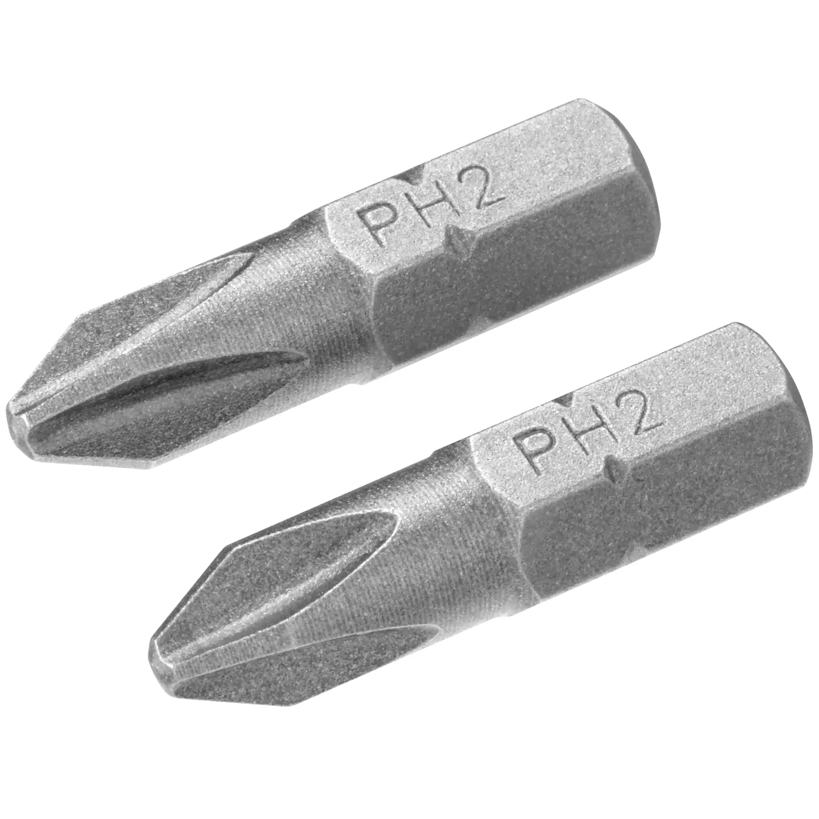 STANLEY STA61021 two silver PH2 screwdriver bits, product photography on white background.