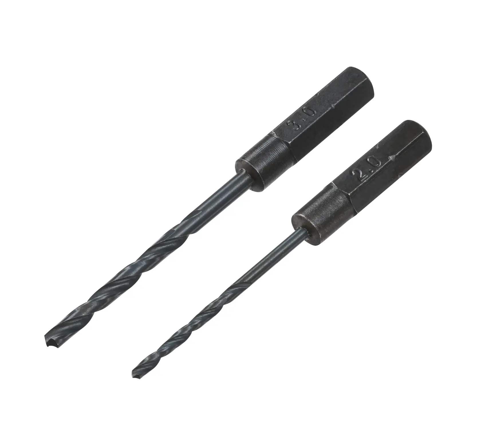 STANLEY STA61420 hex shank drill bits set, black metal, side angle on white background.