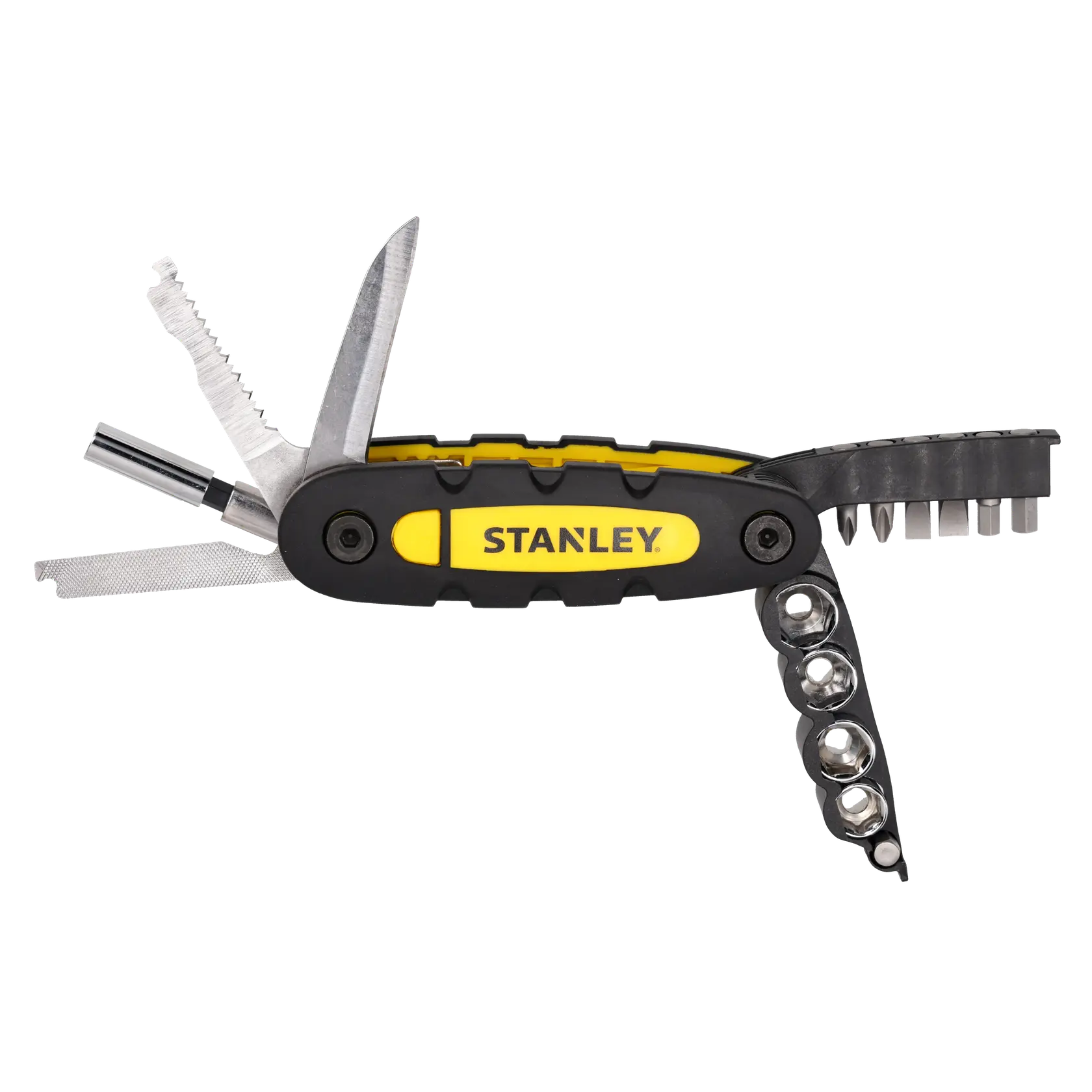 STANLEY STHT0-70695 black and yellow multi-tool with various fold-out tools, white background, side angle.