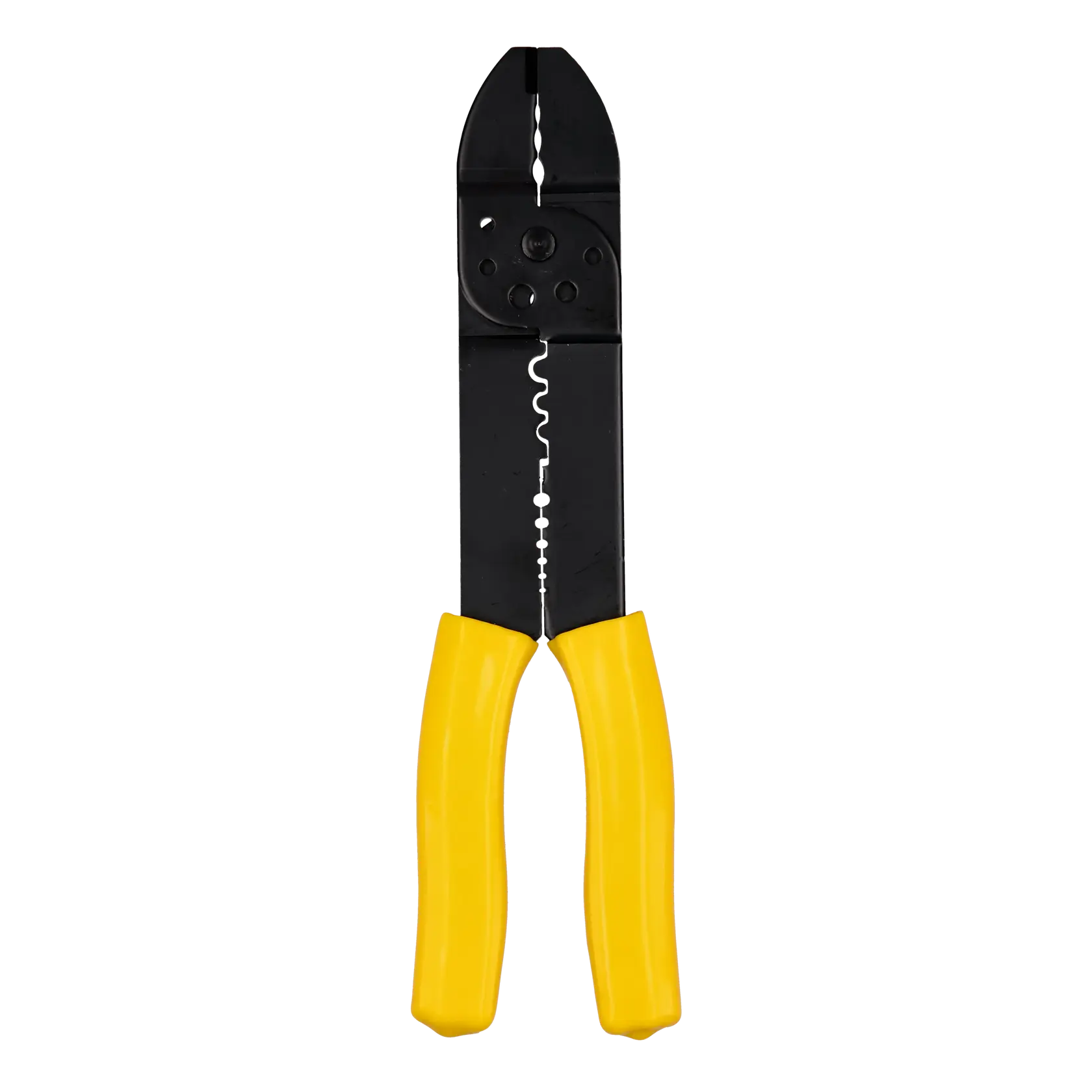 Wire stripper with black metal jaws and yellow handles, tool used for cutting and stripping electrical wires.