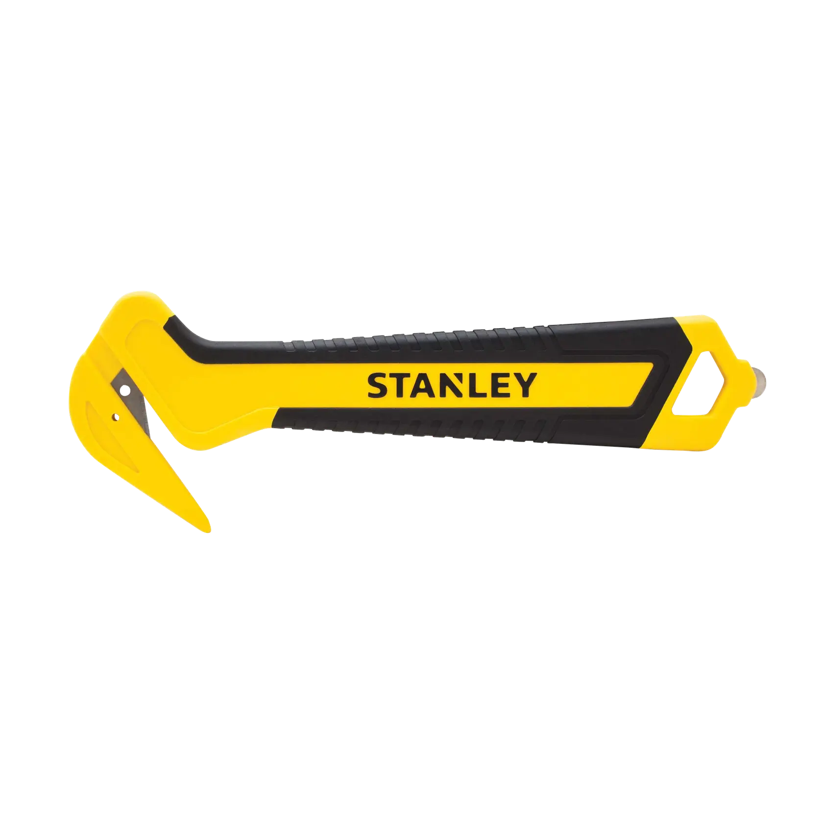 STANLEY STHT10356-0 safety cutter with yellow and black handle, side view on white background.