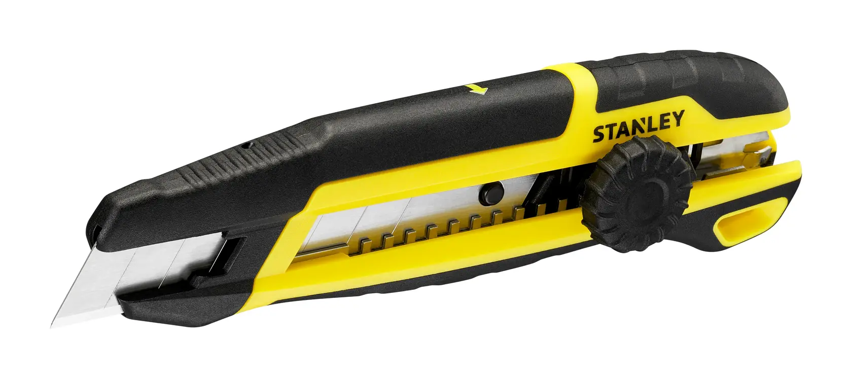 STANLEY STHT10500-0 yellow and black utility knife, side angle, with retractable blade and textured grip.
