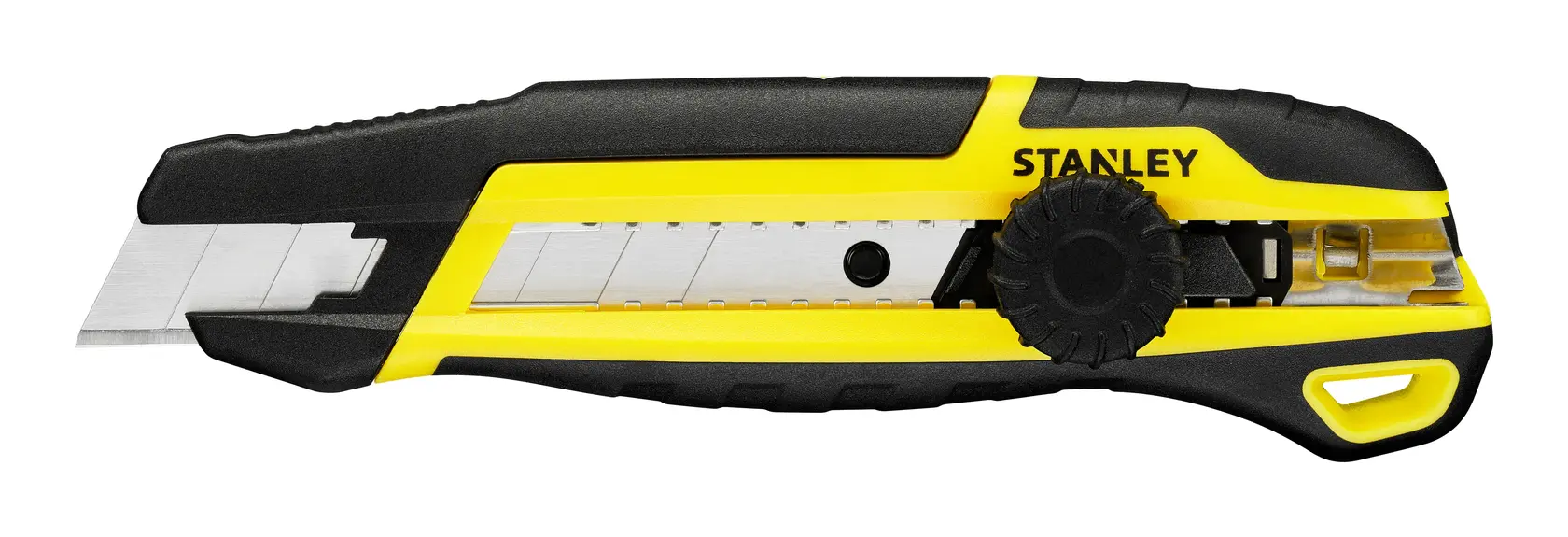 Photo of STANLEY STHT10500-0 utility knife with black and yellow body, shown from side on white background.
