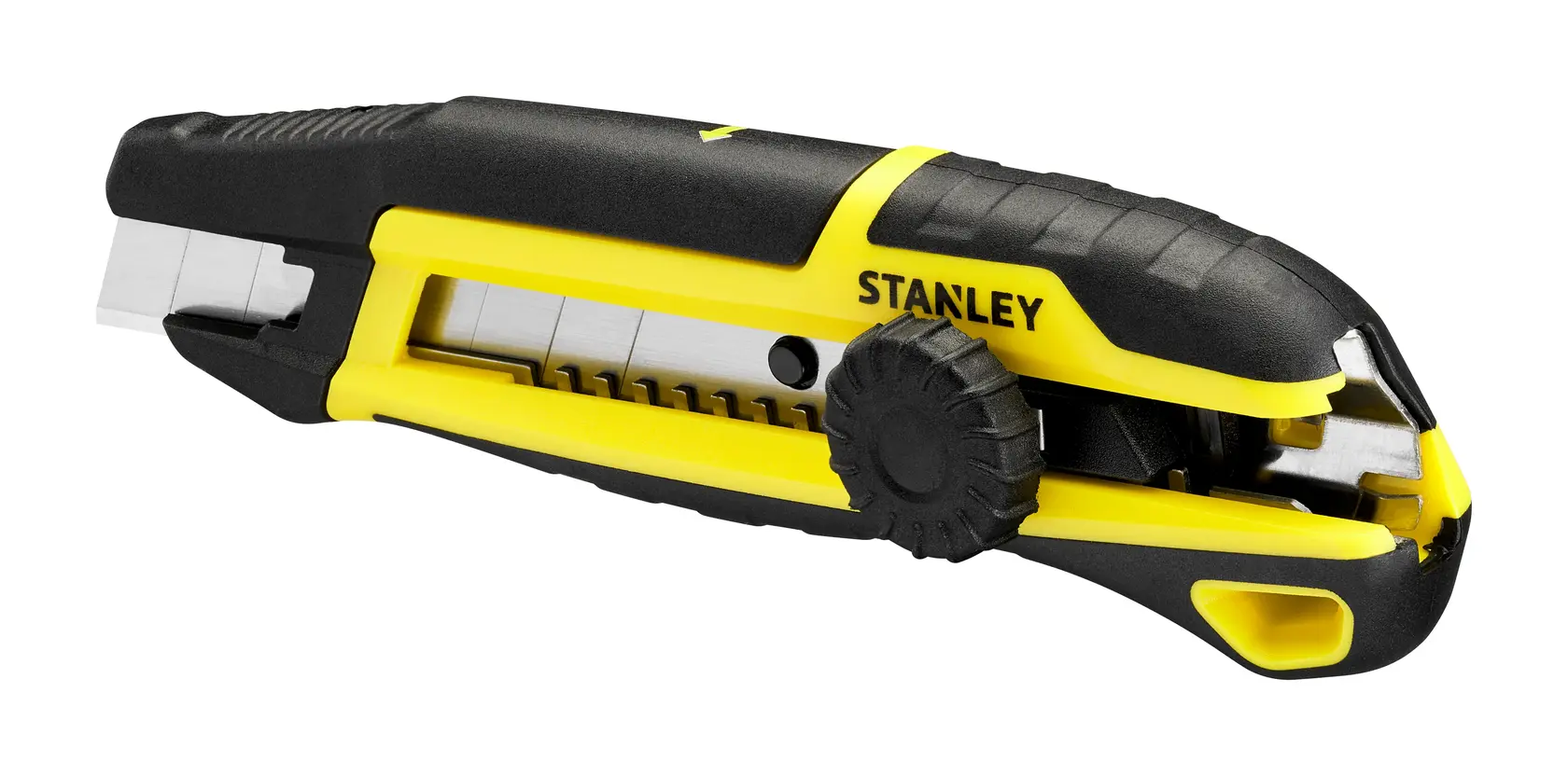 STANLEY STHT10500-0 utility knife, black and yellow, side angle, photography of cutting tool.