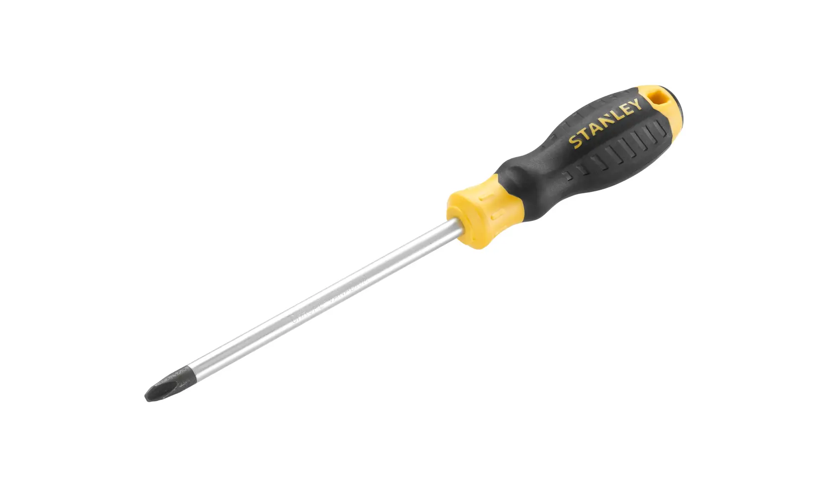 STANLEY STHT16159-0 Phillips screwdriver with black and yellow handle, side angle on white background.