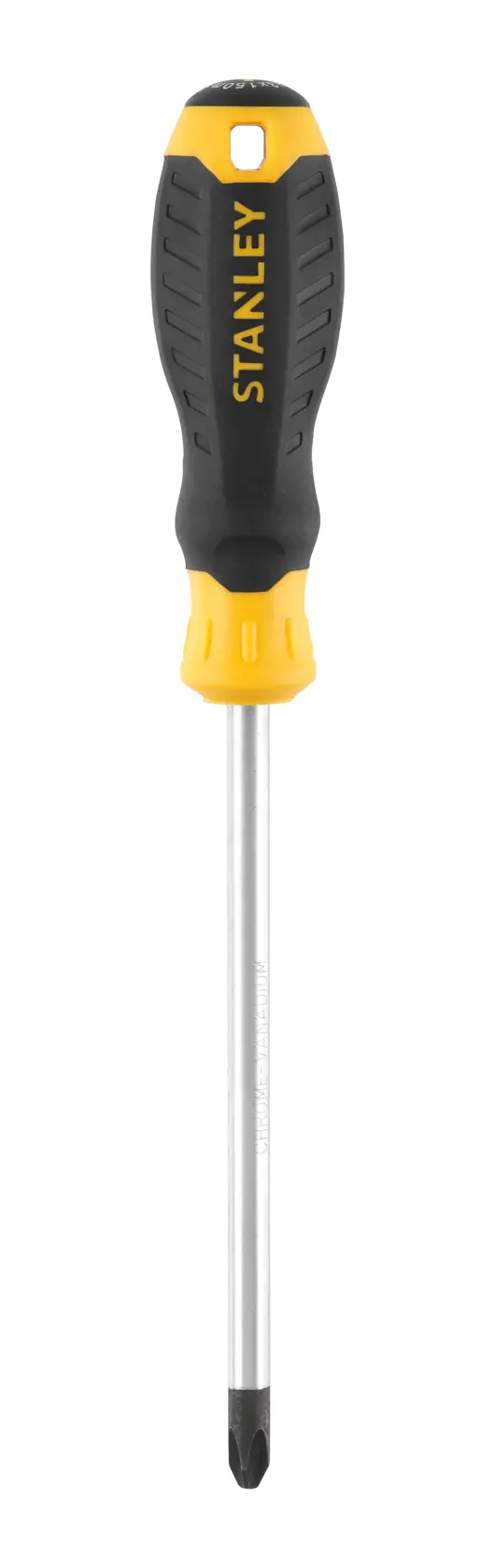 STANLEY STHT16159-0 Phillips screwdriver with black and yellow handle, front angle on white background.