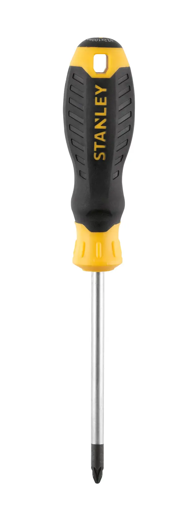 STANLEY STHT16163-0 Phillips screwdriver with black and yellow handle, front angle, on white background.