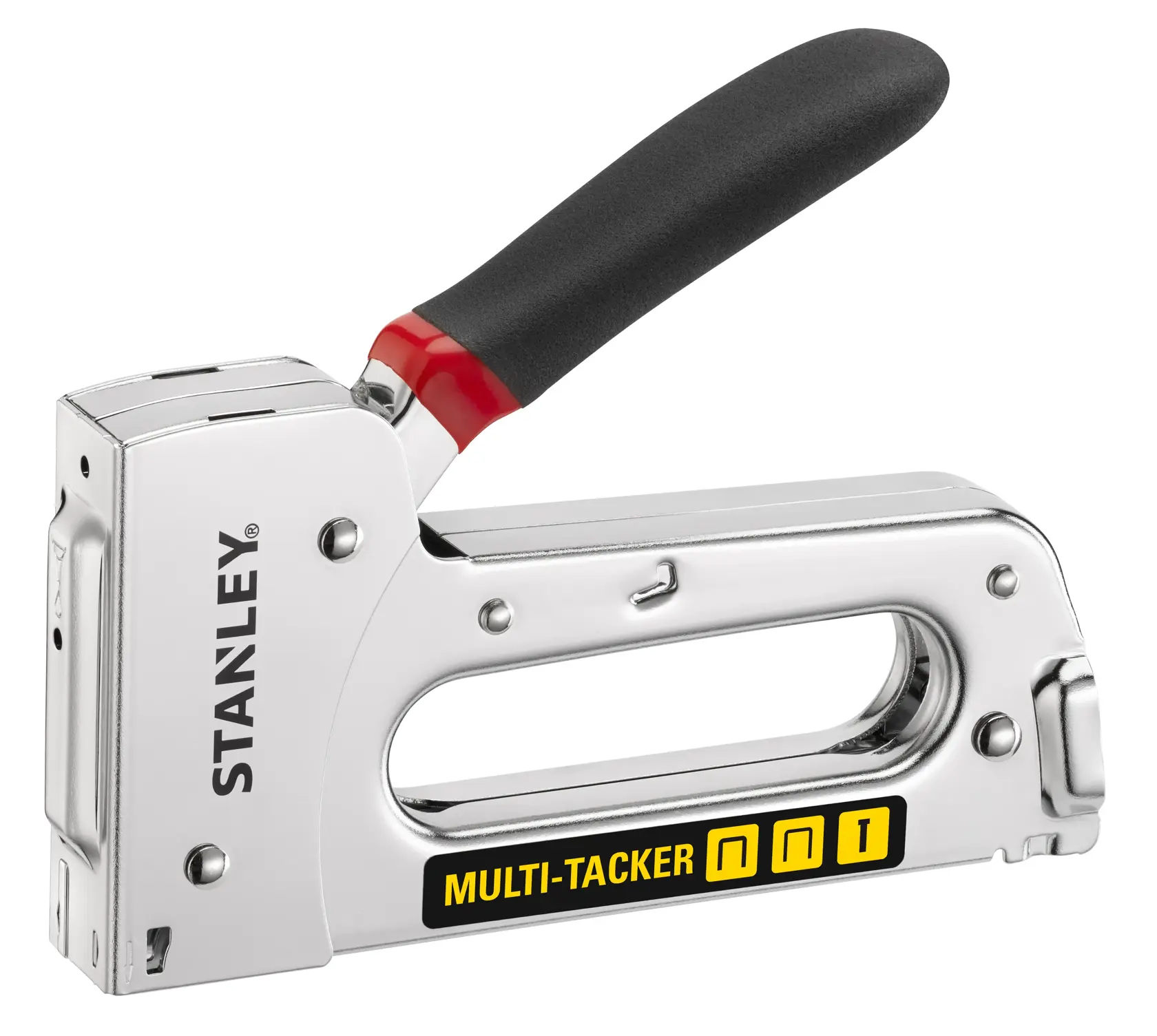 STANLEY STHT6-70410 Multi-Tacker stapler with black handle, side view, photography product.