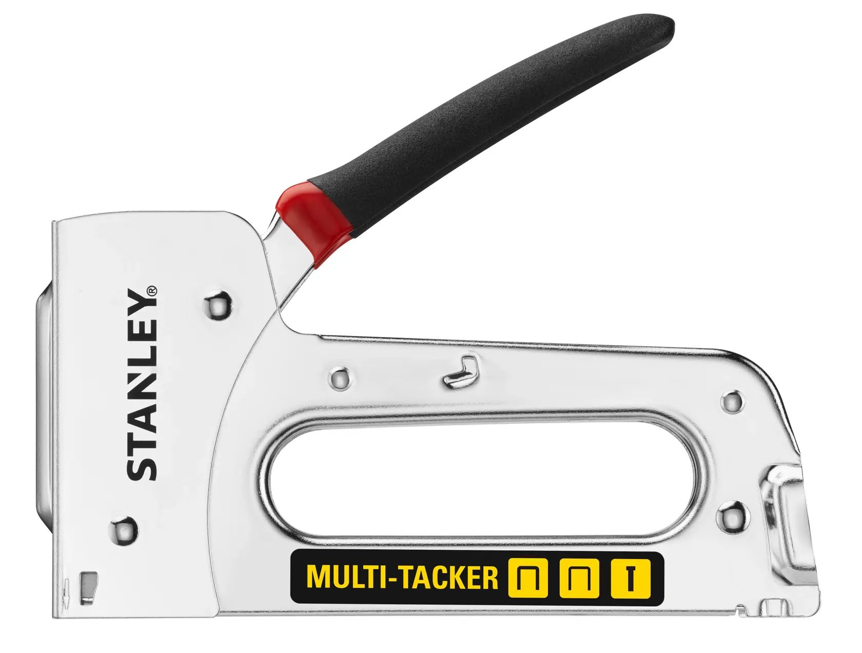 Stanley STHT6-70410 silver multi-tacker stapler with black and red handle, side angle photo.