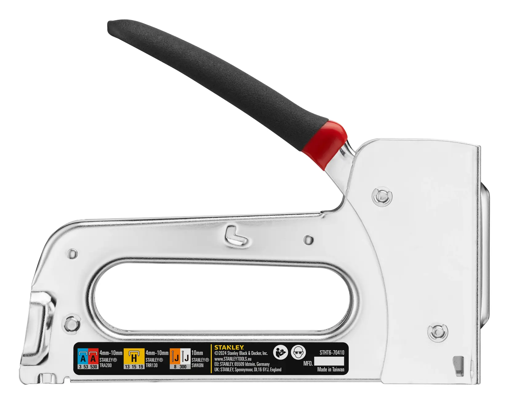STANLEY STHT6-70410 heavy-duty metal staple gun, side profile, with black and red handle on white background.