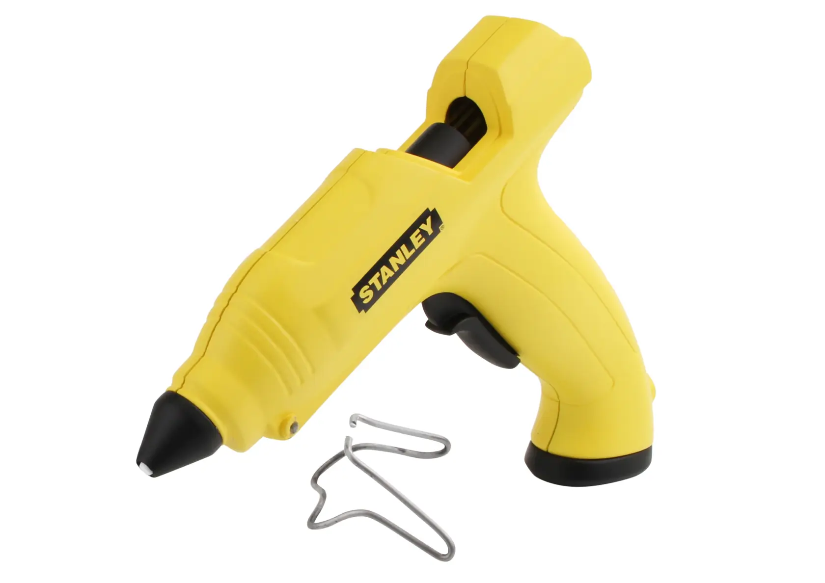 Stanley yellow glue gun with black nozzle and metal stand attachment.