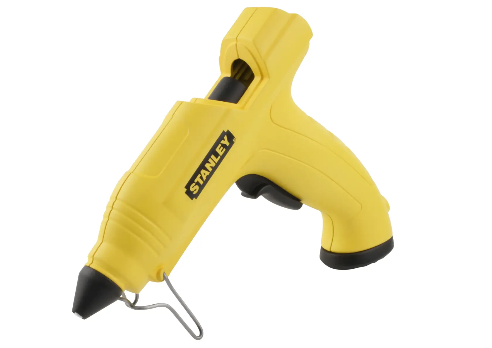 Stanley STHT6-70416 yellow glue gun, side angle, photography on white background.