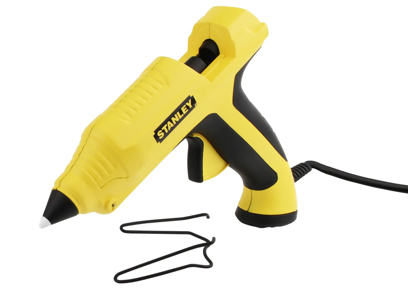 Yellow and black STANLEY hot glue gun with cable and metal stand accessory shown on a white background.