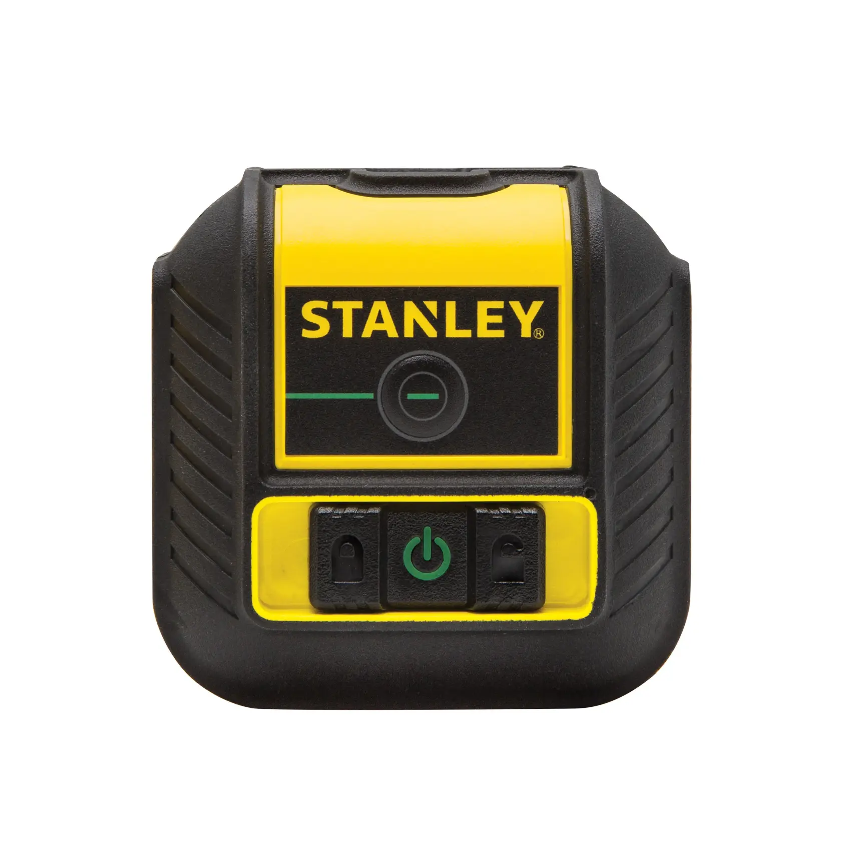 STANLEY STHT77592-1 laser level, yellow and black, front view on white background.