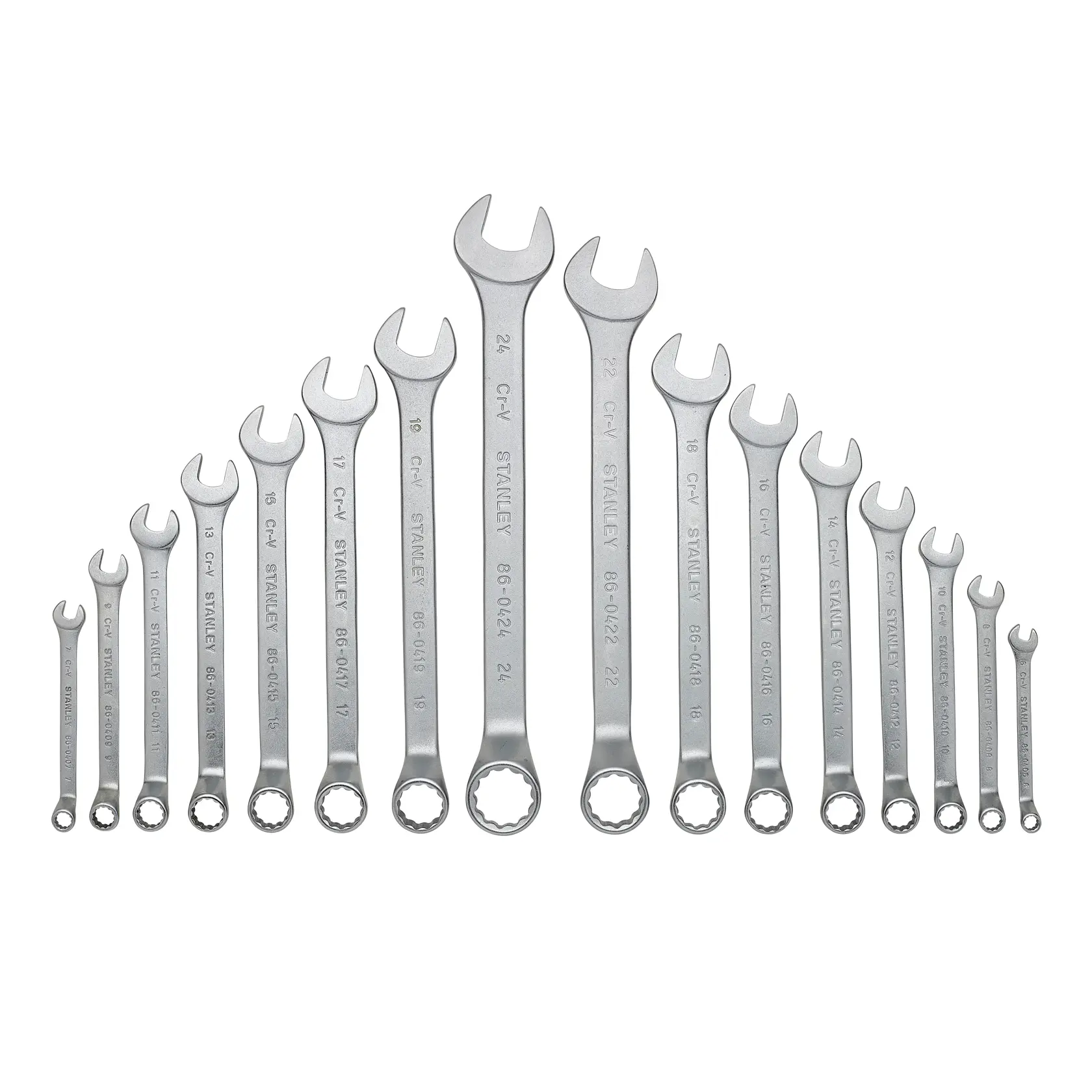 Set of 16 STANLEY combination wrenches arranged by size from small to large in a row.