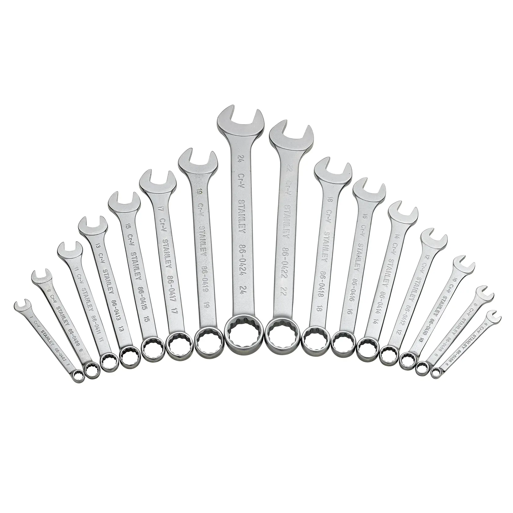 STANLEY STMT1-74178 wrench set, 16-piece, chrome finish, arranged in a semicircle, top view on white background.