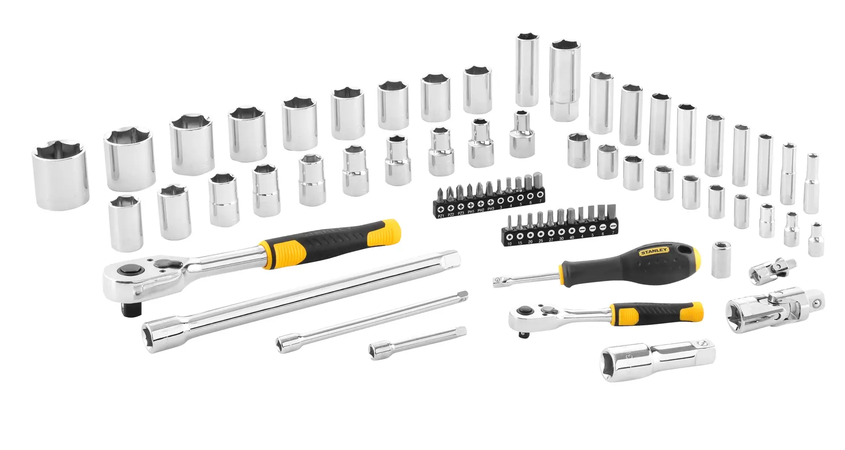 STANLEY STMT82831-1 socket and ratchet set with screwdriver, chrome finish, photography, white background angle.