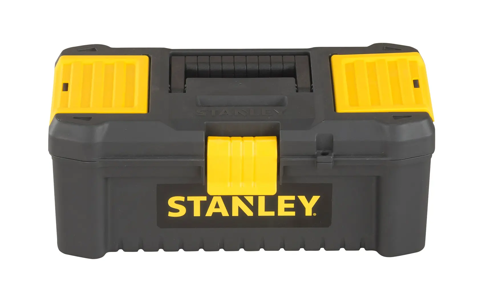 STANLEY STST1-75514 black and yellow plastic toolbox, front view on white background.