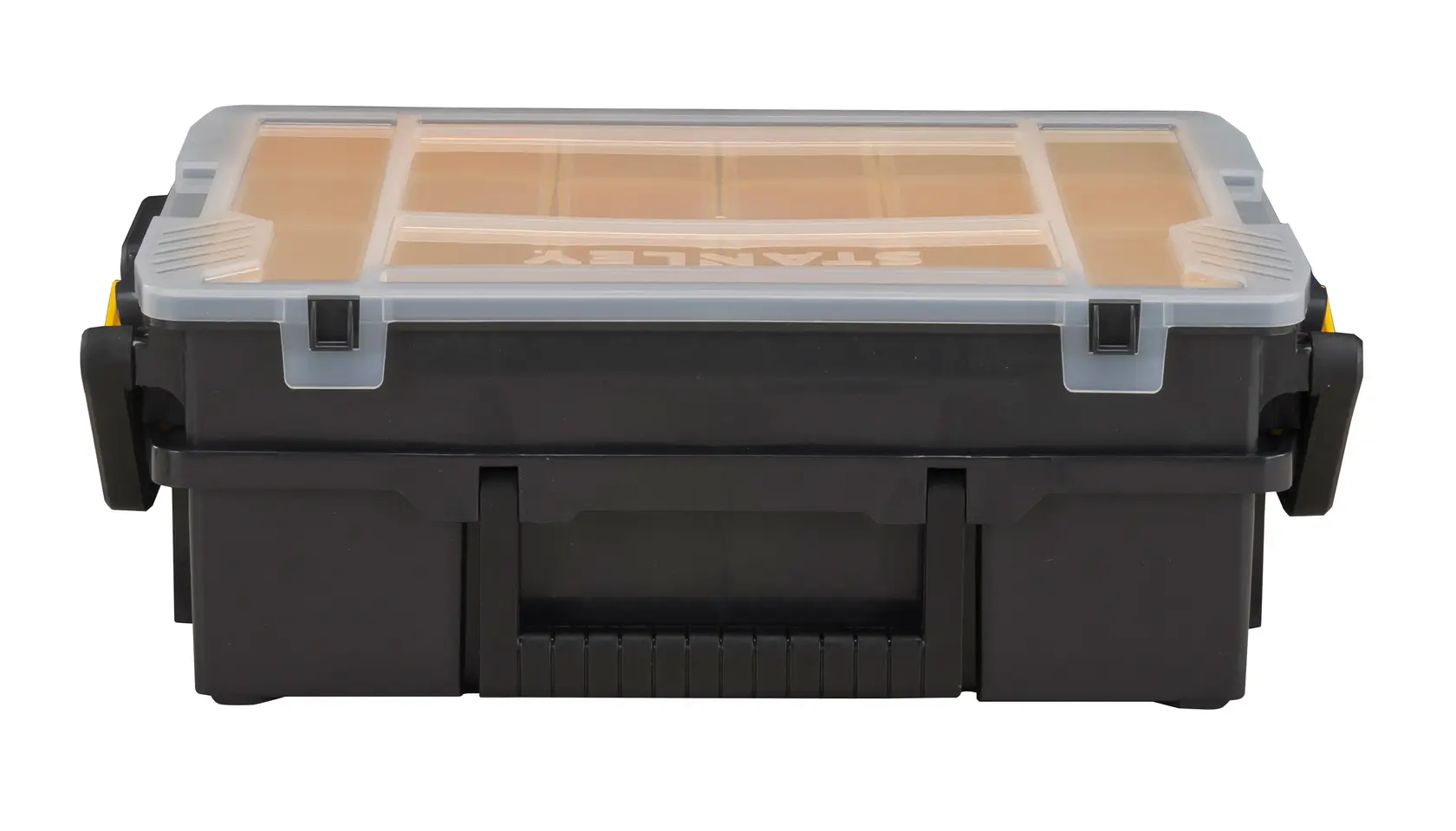 STANLEY STST1-75540 tool organizer box, black body, clear lid, front angle, photography.