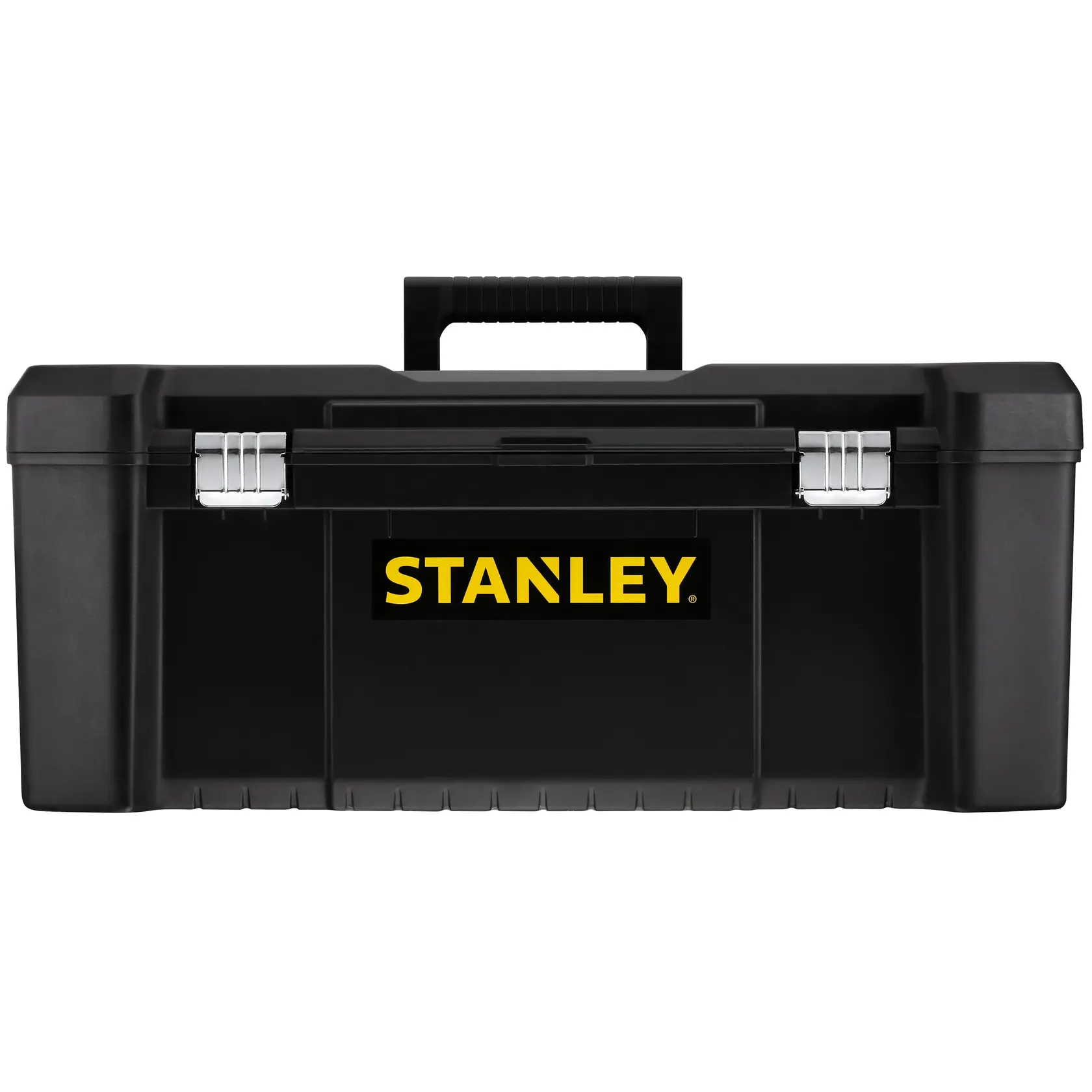STANLEY STST82976-1 black plastic toolbox with handle, front view, photography on white background.