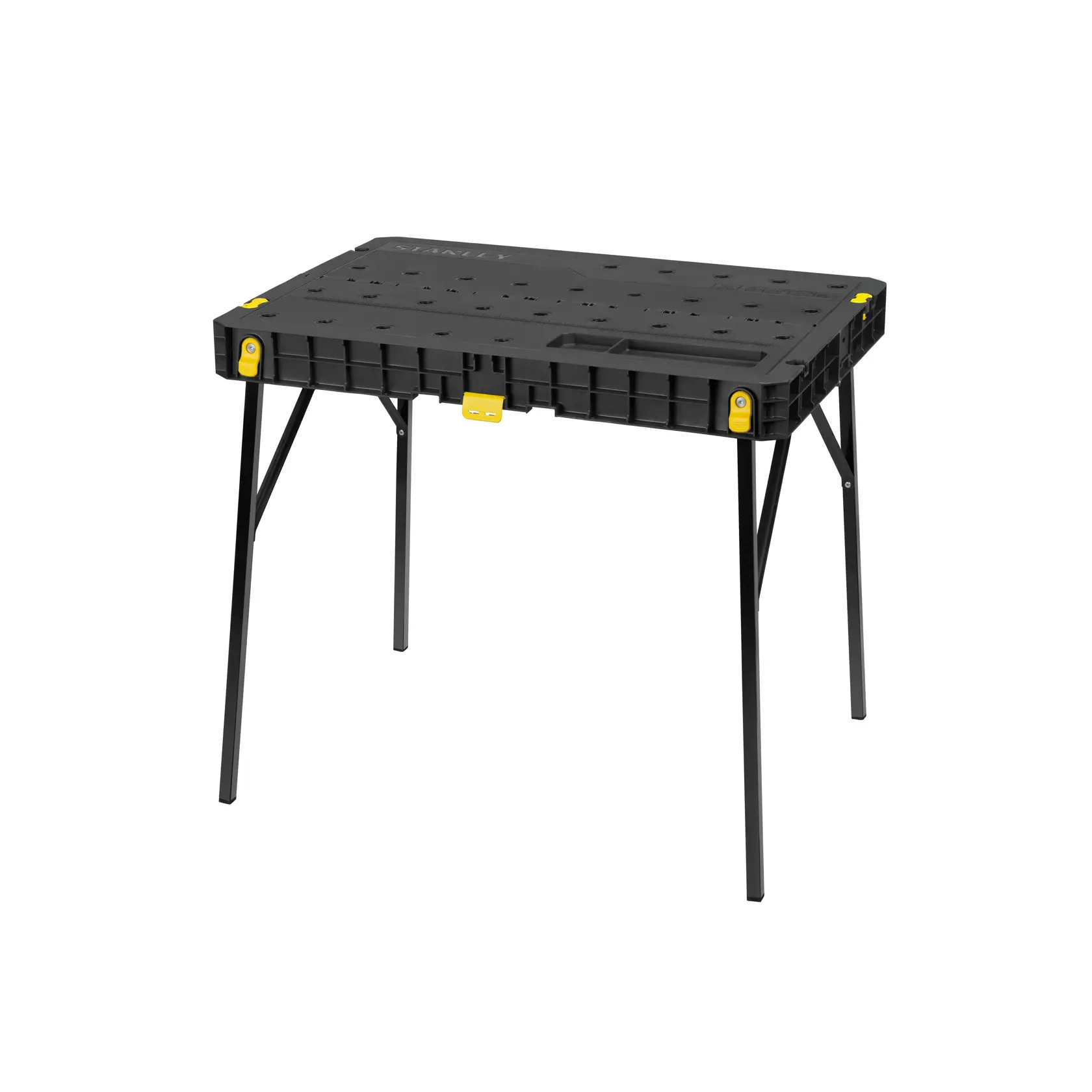 STANLEY STST83492-1 folding work table with black top, yellow accents, and metal legs, front angle on white background.