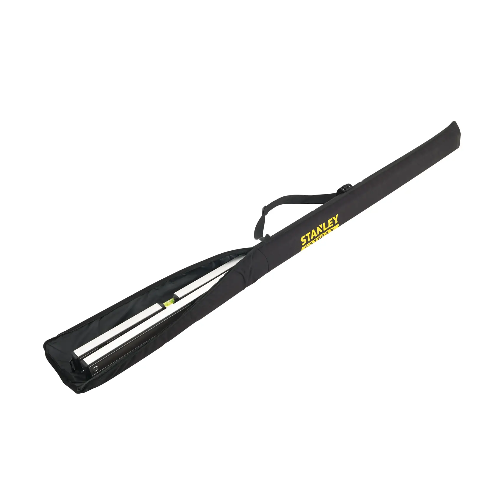 Stanley black tripod carrying case with yellow logo, designed for safely storing and transporting photography equipment.