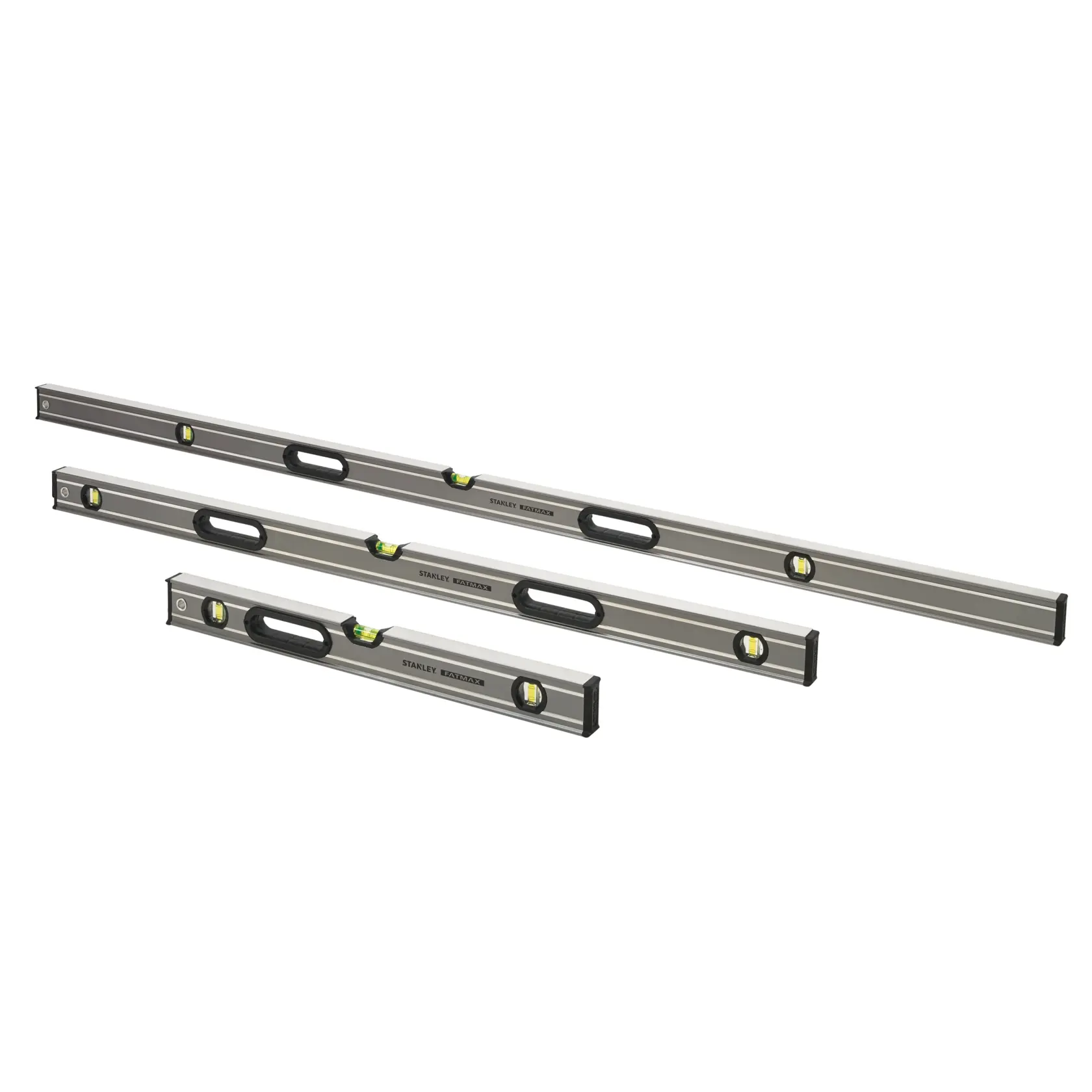 Three STANLEY spirit levels of varying lengths with bubble vials and ergonomic handles on a white background.